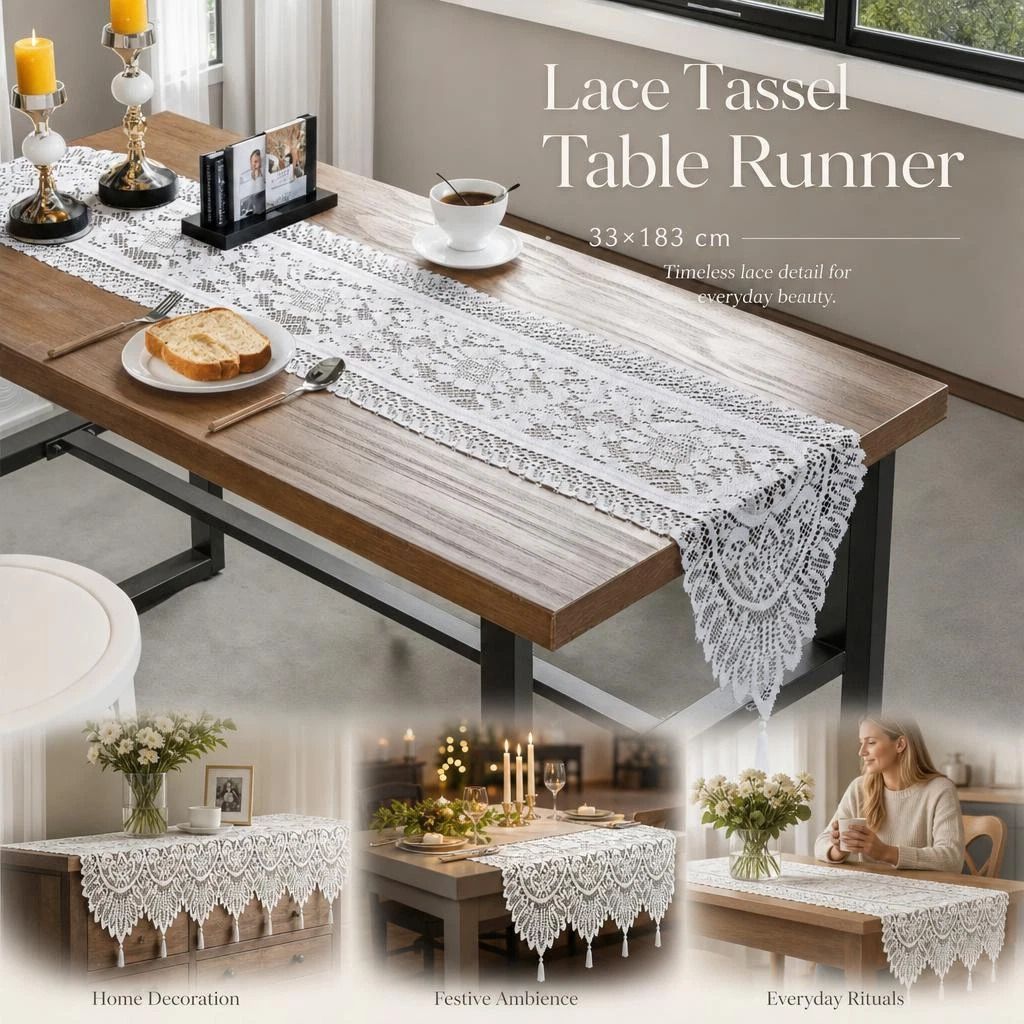 Long Lace Tassel Table Runner 33x183cm, White, Luxury Decor For Large Dining Tables - Image 1