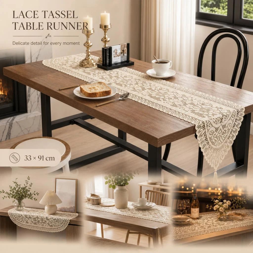 Lace Tassel Table Runner 33x91cm, Beige, Warm Neutral Tone Kitchen Table Decoration - Image 1