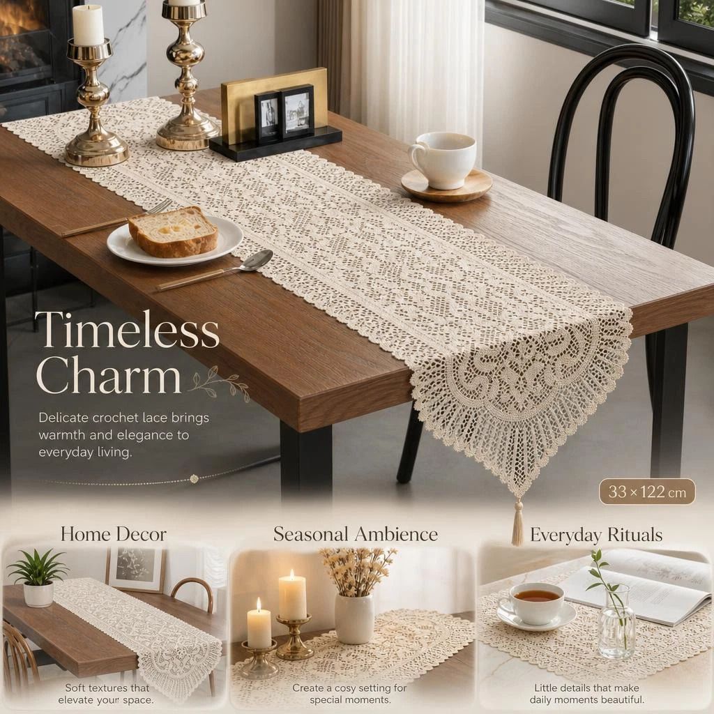 Fringe Lace Table Runner 33x122cm, Beige, Classic Style Indoor Table Layout Accessory - Image 1