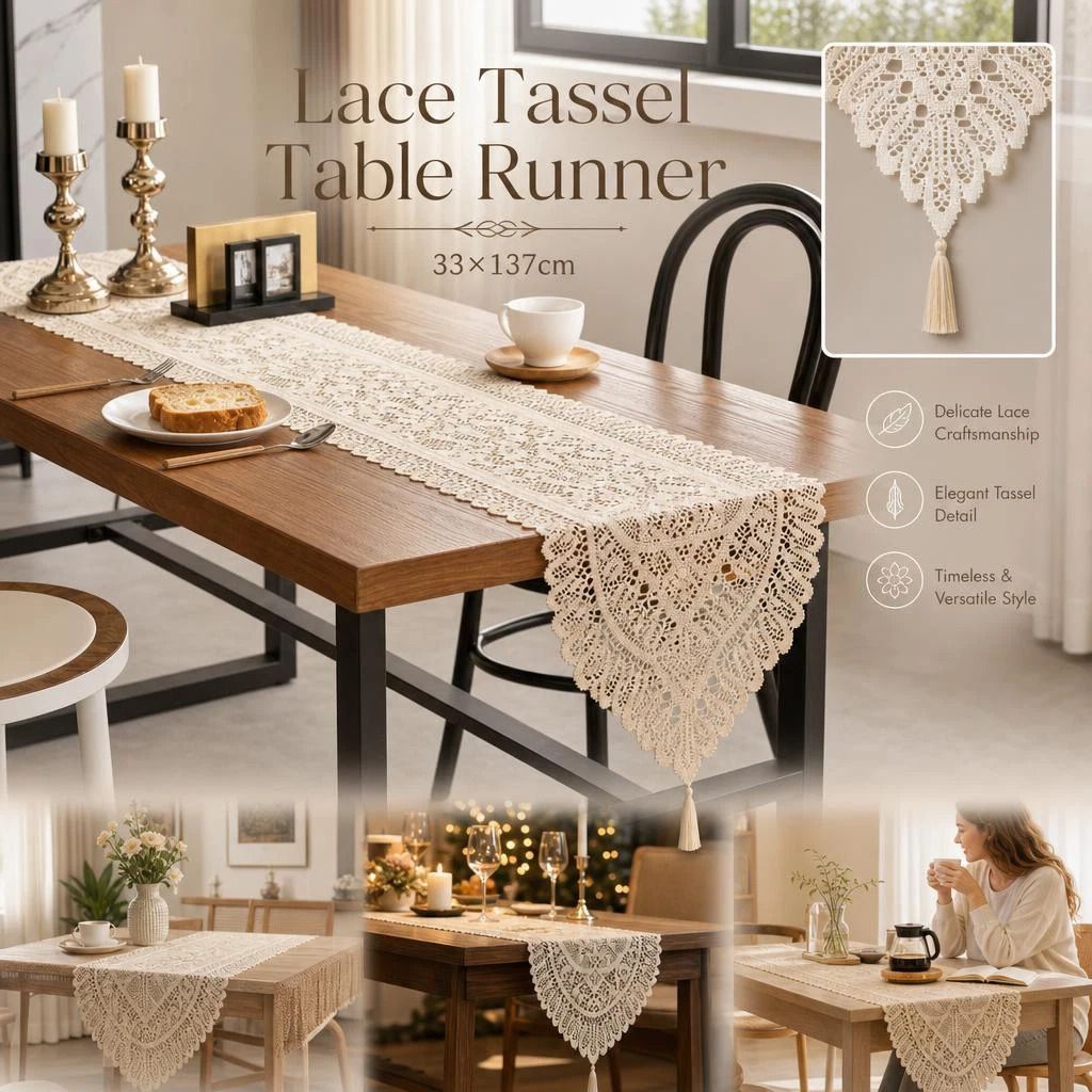 Decorative Lace Table Runner With Tassels 33x137cm, Beige, Gentle Decor For Home Dinner Party - Image 1