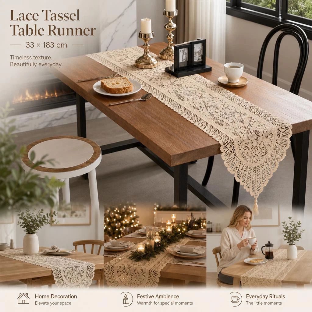 Extra Long Lace Tassel Table Runner 33x183cm, Beige, Match Rustic & Modern Home Style - Image 1
