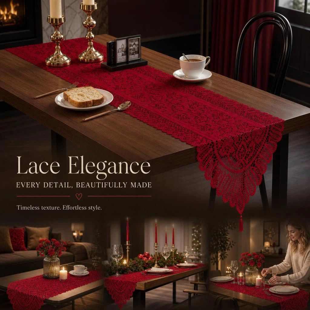 Lace Tassel Table Runner 33x91cm, Red, Festive Table Decor For Holiday Gatherings - Image 1