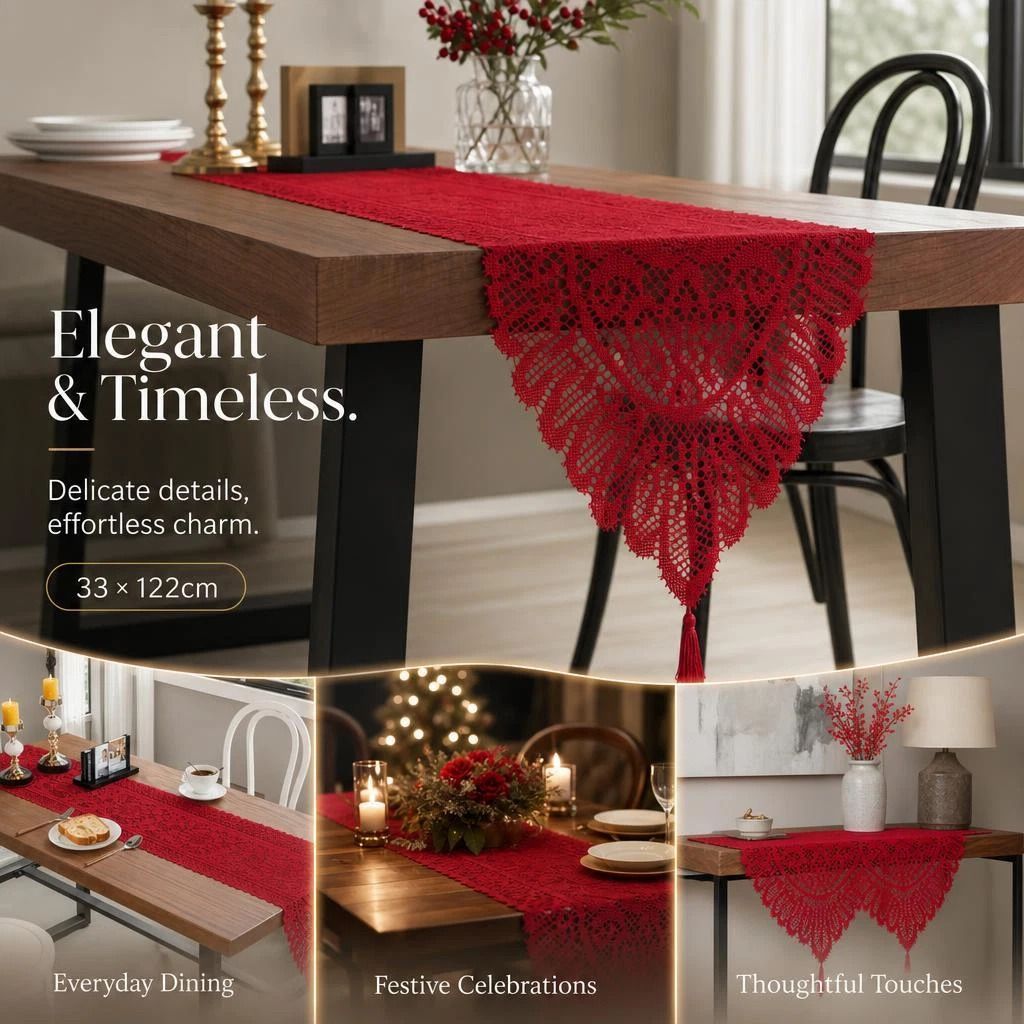 Fringe Lace Table Runner 33x122cm, Red, Vibrant Ornament For Family Daily Dining - Image 1