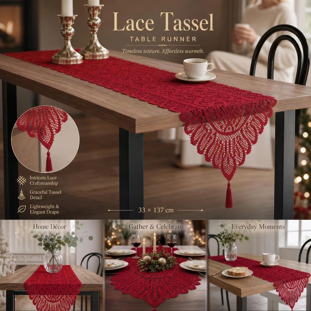 Decorative Lace Table Runner With Tassels 33x137cm, Red, Eye-Catching Table Layout Prop - Image 1
