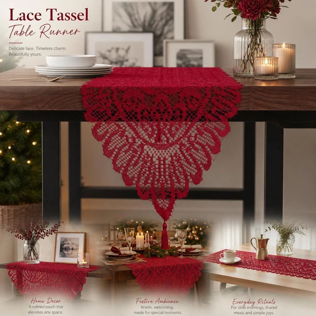 Long Lace Tassel Table Runner 33x183cm, Red, Ideal Decor For Banquet & Festival Dinner - Image 1