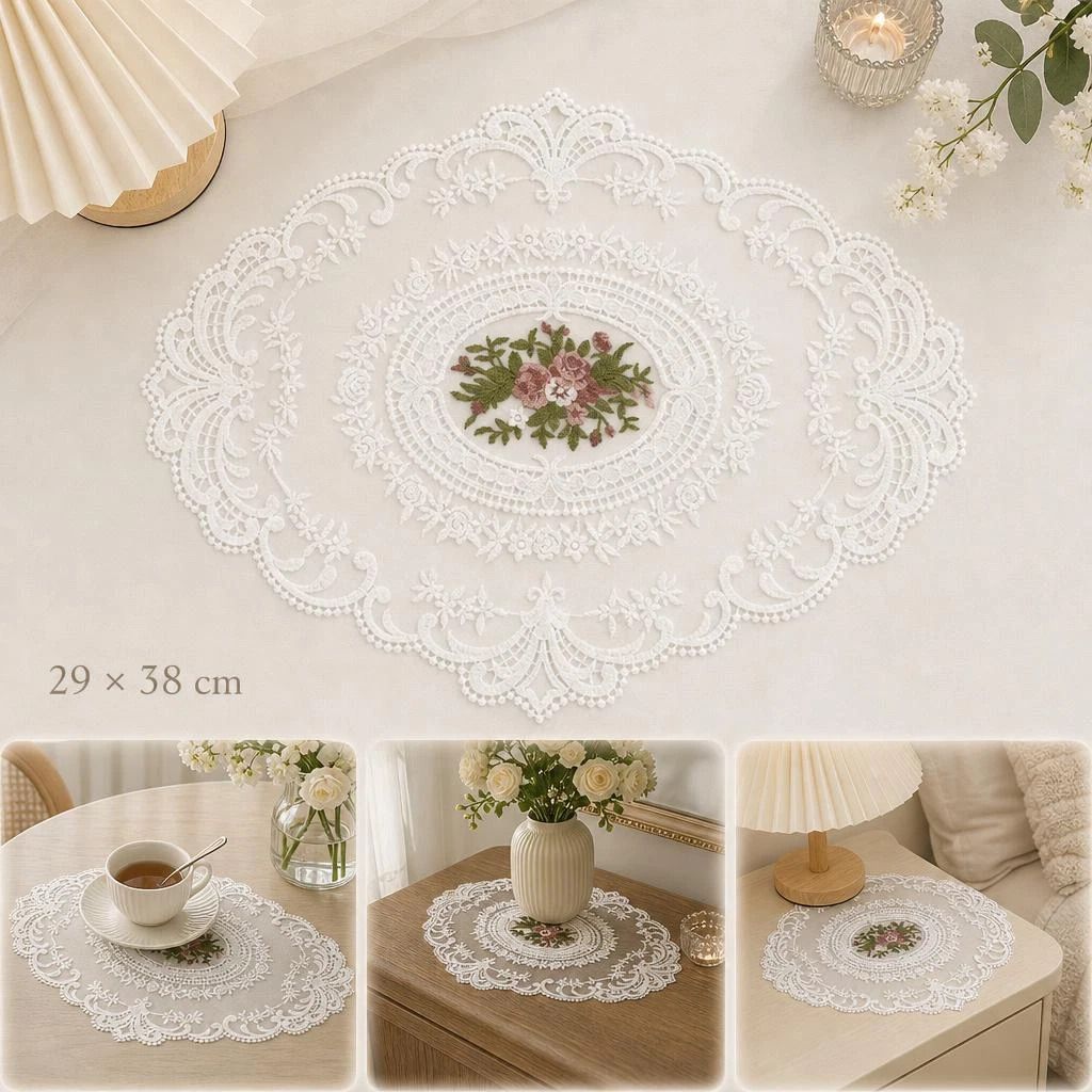 Lace Embroidery Mesh Decor Mat 29x38cm White, Elegant Bedside Table Ornament, Retro Tabletop Decor - Image 1