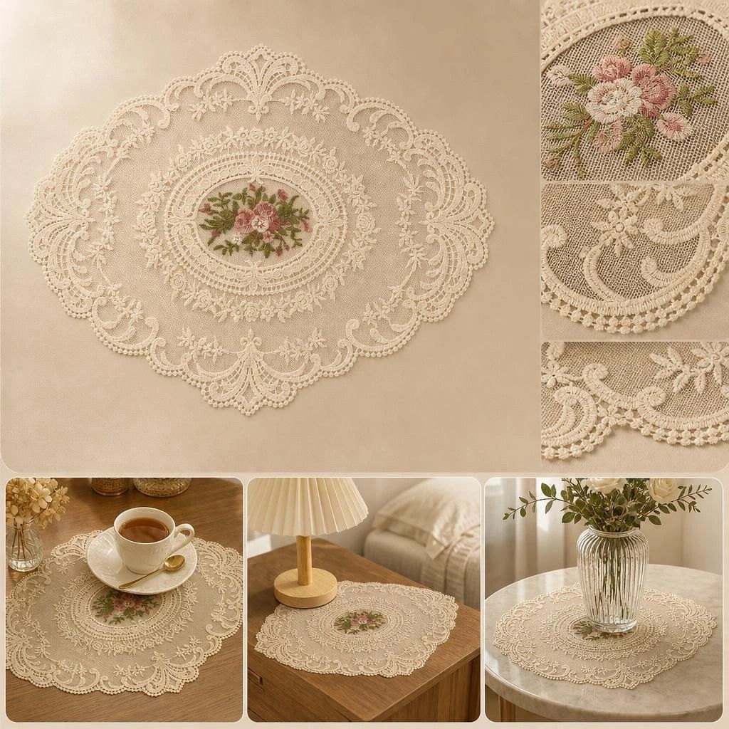 Delicate Embroidery Mesh Pad 21x27cm Apricot, Warm Tone Nightstand Decor, Gentle Retro Tabletop Mat - Image 1