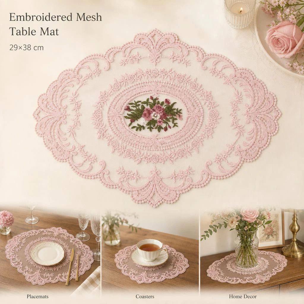 Sweet Pink Embroidery Mesh Mat 29x38cm, Cute Nightstand Decoration, Soft Pastel Retro Tabletop Ornament - Image 1