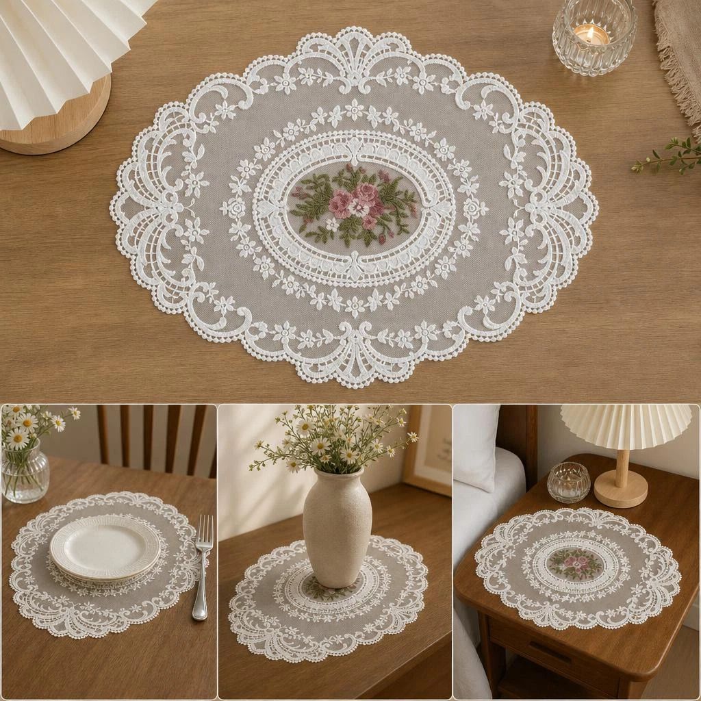 2 Pack Lace Embroidered Mesh Decor Mats 29x38cm White, Dual Desktop Cushions For Retro Table Layout - Image 1