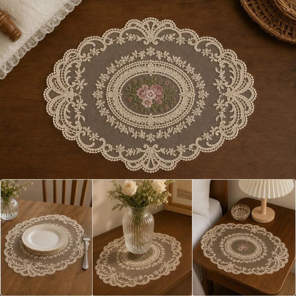 2 Pack Delicate Embroidery Mesh Pads 21x27cm Apricot, Warm Matching Bedside Ornament Combo, Retro Desktop Set - Image 1