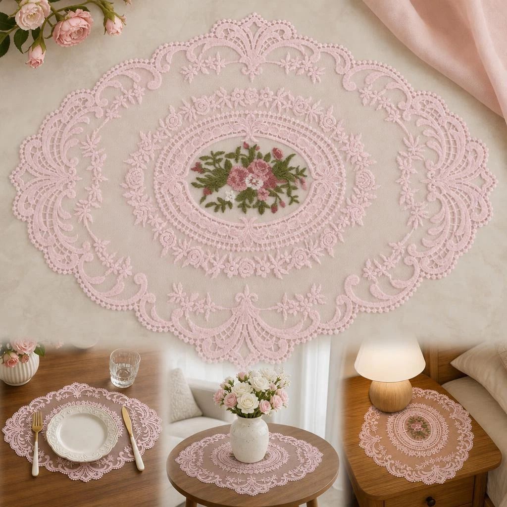 2 Pack Sweet Pink Embroidery Mesh Mats 29x38cm, Cute Dual Nightstand Decor, Pastel Retro Tabletop Kit - Image 1