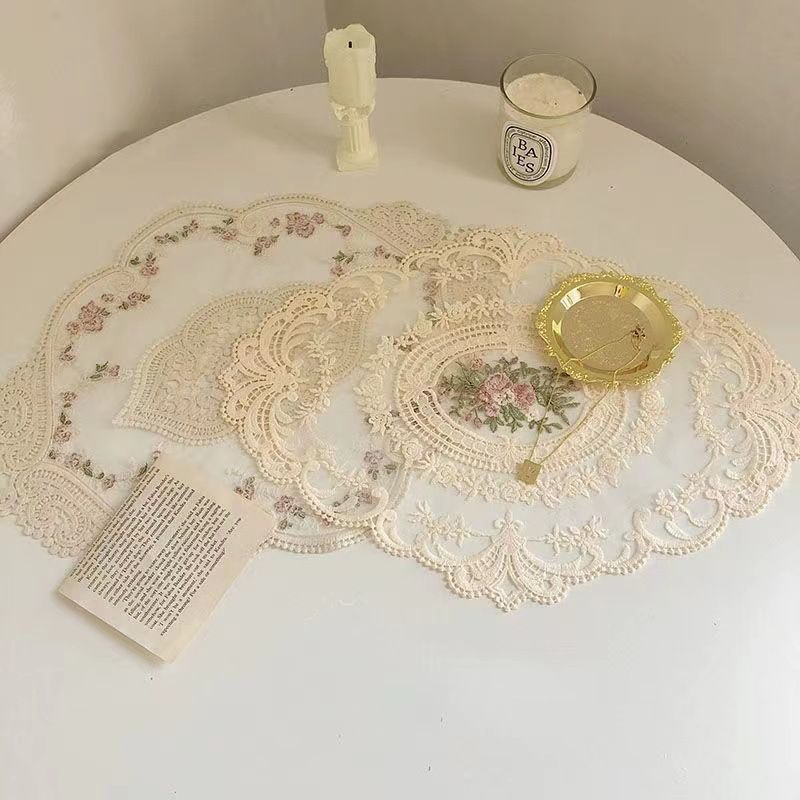 2 Pack Sky Blue Mesh Embroidered Coaster Pads 29x38cm, Fresh Double Desktop Ornament Set, Vintage Style - Image 4