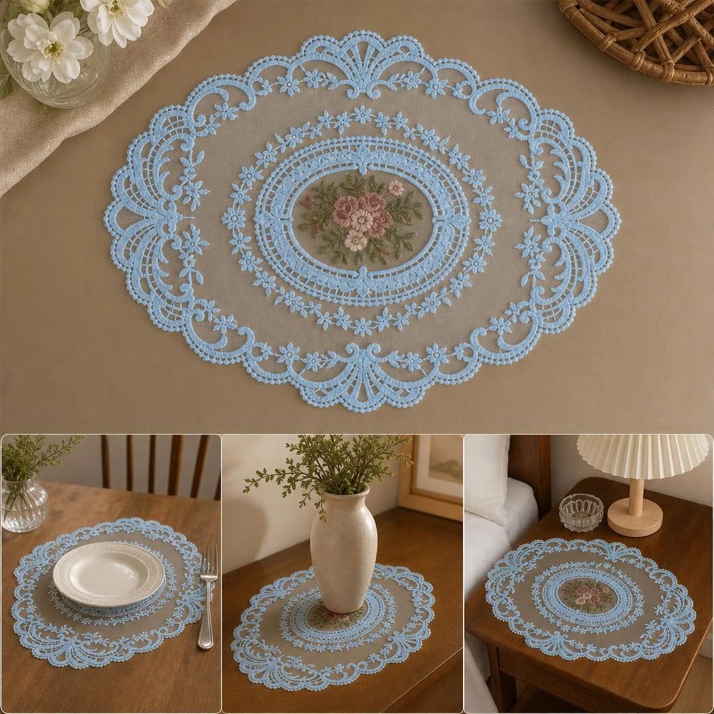 2 Pack Oversize Lavender Mesh Embroidered Pads 32x43cm, Gentle Double Pastel Vintage Desktop Mat - Image 1
