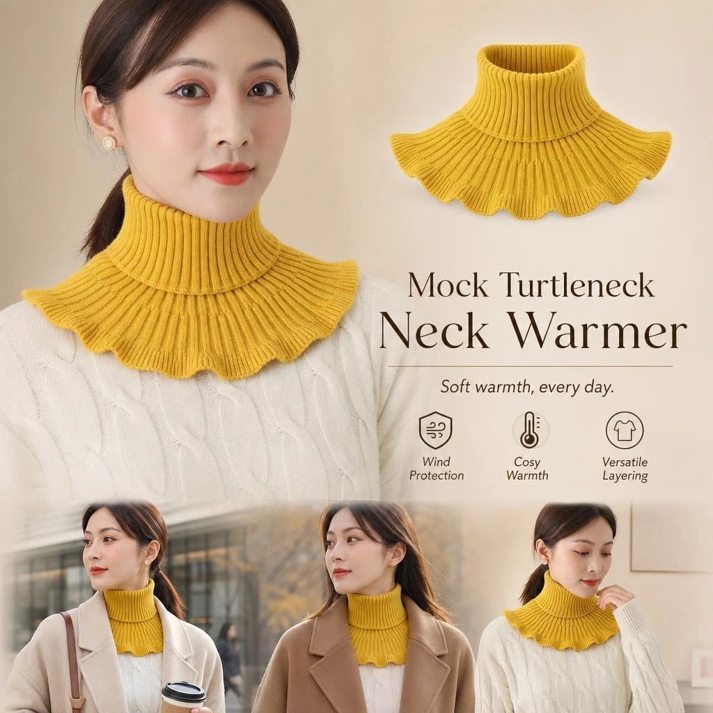 Thick knit mock neck fake collar snood, wind resistant chill blocking layering neck warmer, versatile everyday outfit piece, Yellow - Image 1