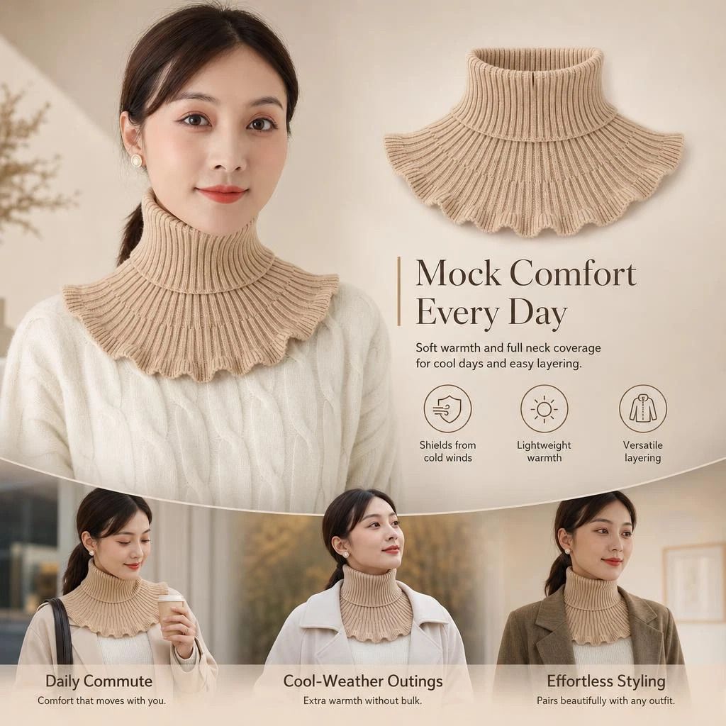 Thickened knitted mock high collar neck protector, strong wind barrier, easy to match all garments, Khaki - Image 1