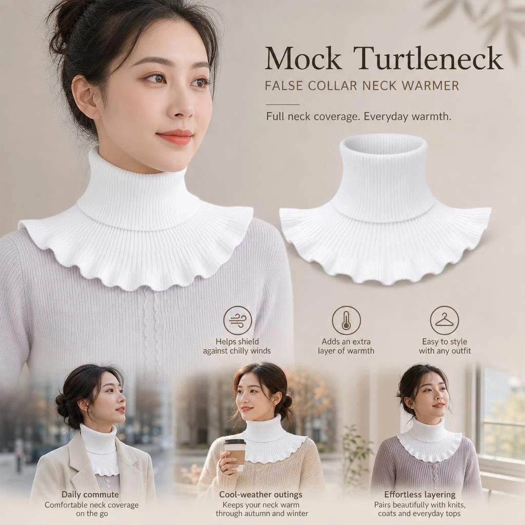 Thick knit mock collar neck snood, soft wind shield, versatile daily outfit staple, White - Image 1