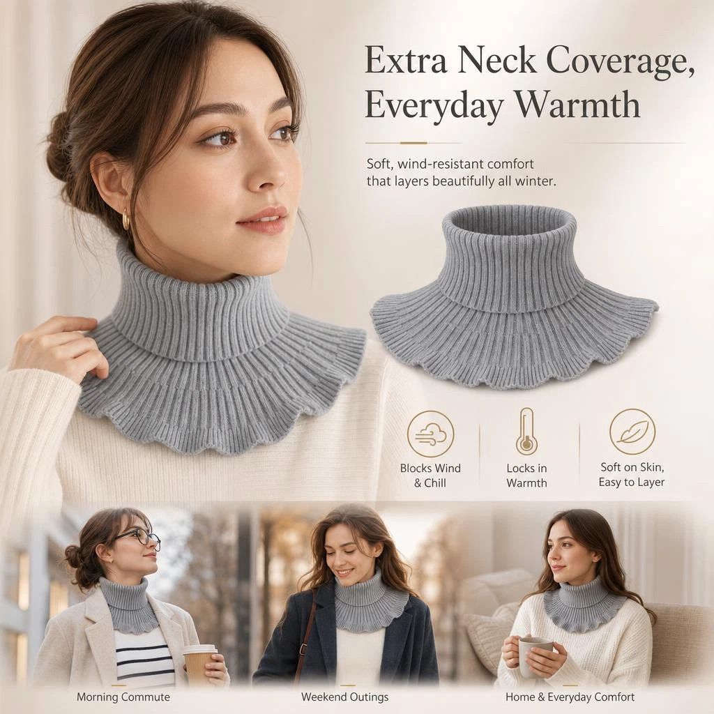 Thick warm knit mock high collar neck wrap, consistent wind blocking, neutral tone easy layering, Grey - Image 1