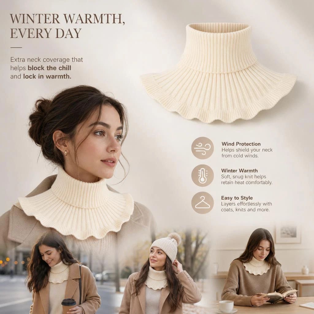 Soft thick knit fake collar neck warmer, effective chill defence, gentle all-outfit layering piece, Off White - Image 1