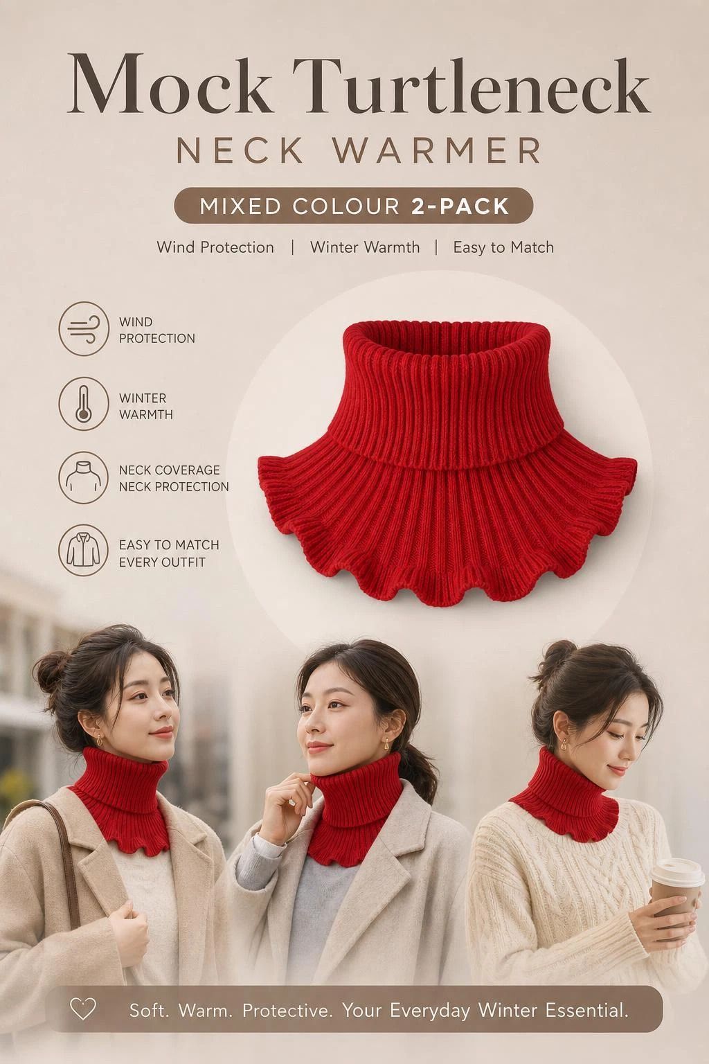 2-Pack thick bright red knit mock neck snoods, complete wind coverage twin pack for daily wear - Image 1