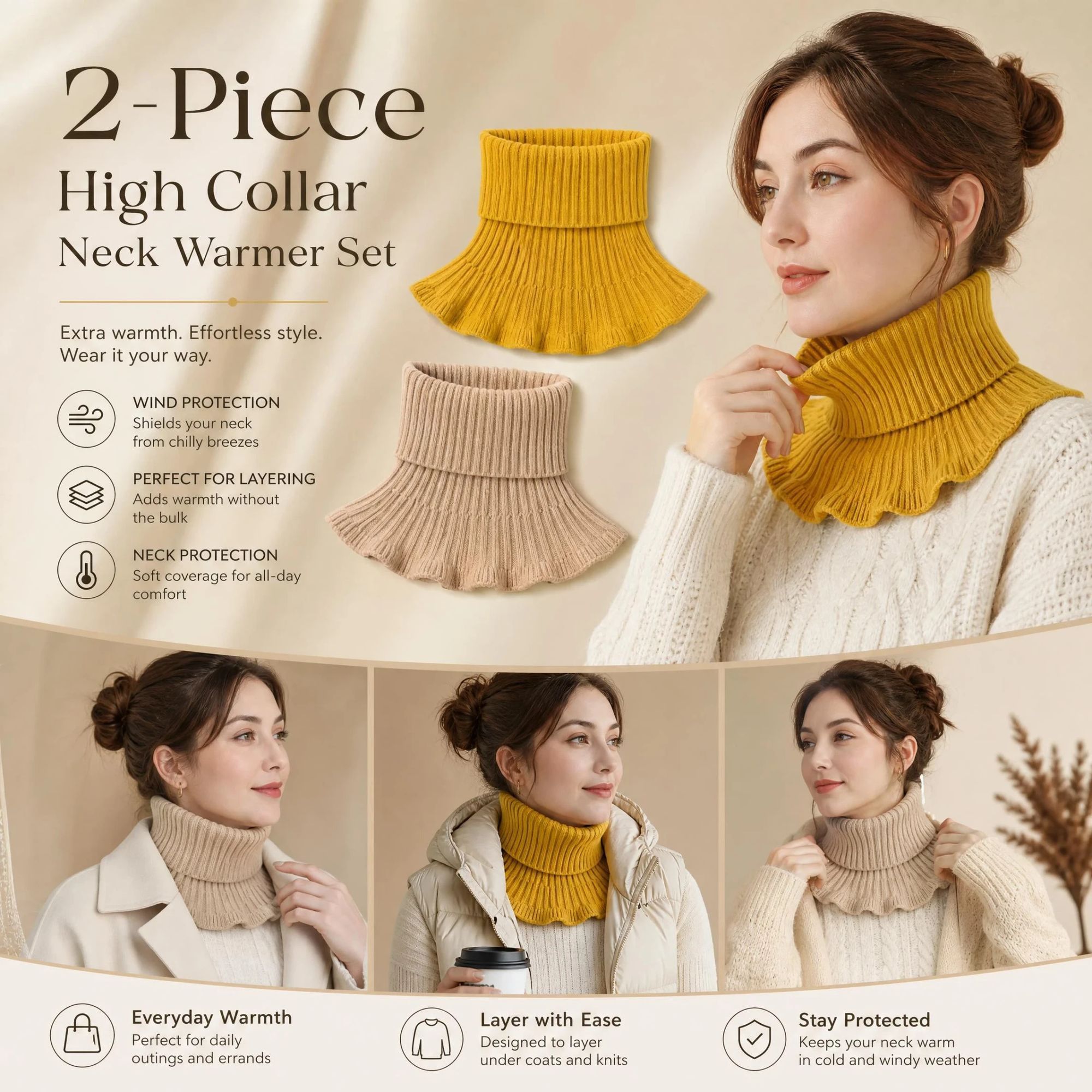 2-Pack thick knit snood twin set Yellow & Khaki, dual colour wind blocking mock collar layering tube - Image 1