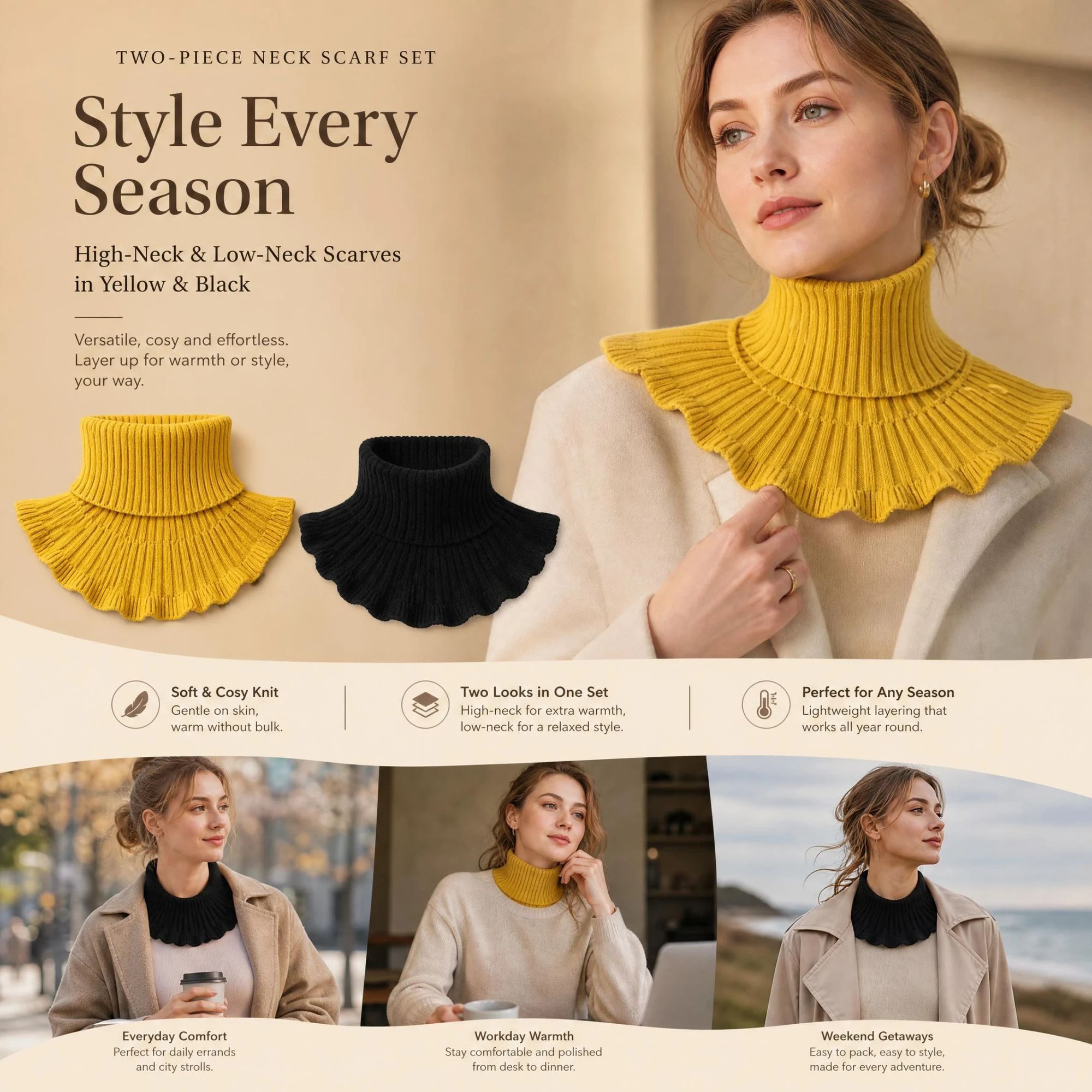2-Pack thick knit neck wrap combo Yellow & Black, two-tone full wind shield mock high collar accessory - Image 1