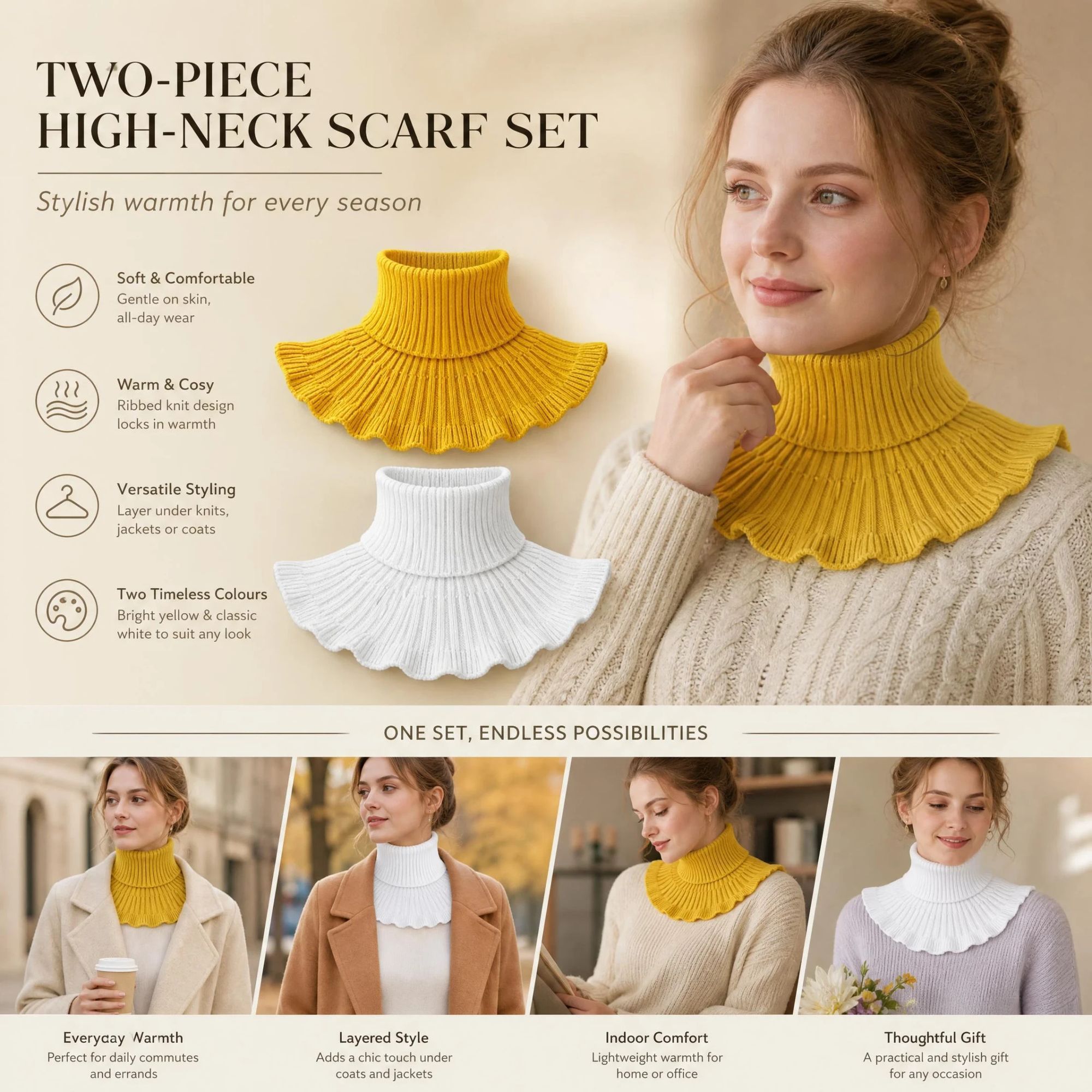 2-Pack thermal mock collar twin set Yellow & White, soft chill blocking versatile styling protector - Image 1