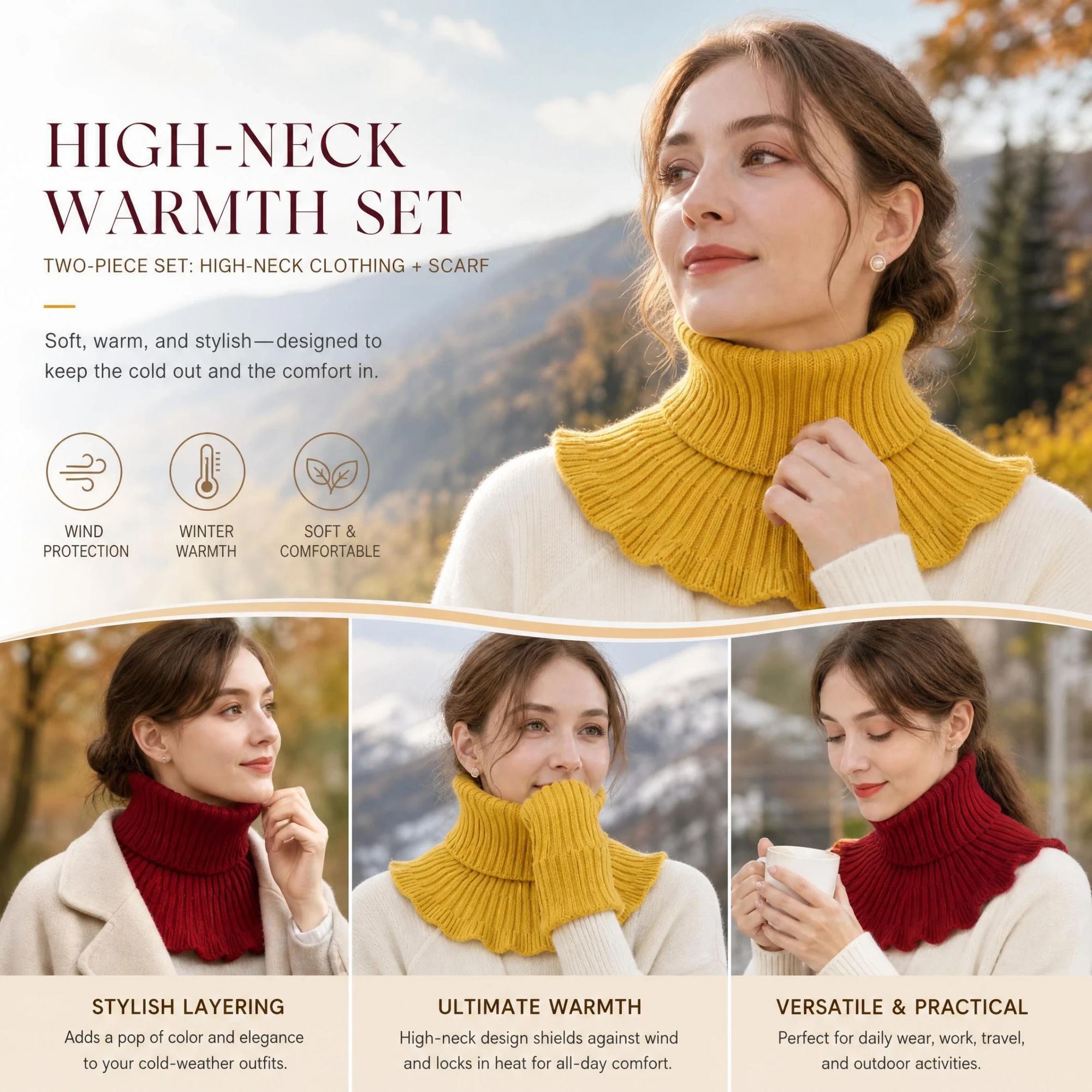 2-Pack dual colour thick knit snood Yellow & Wine Red, solid wind resistance easy layering cover - Image 1
