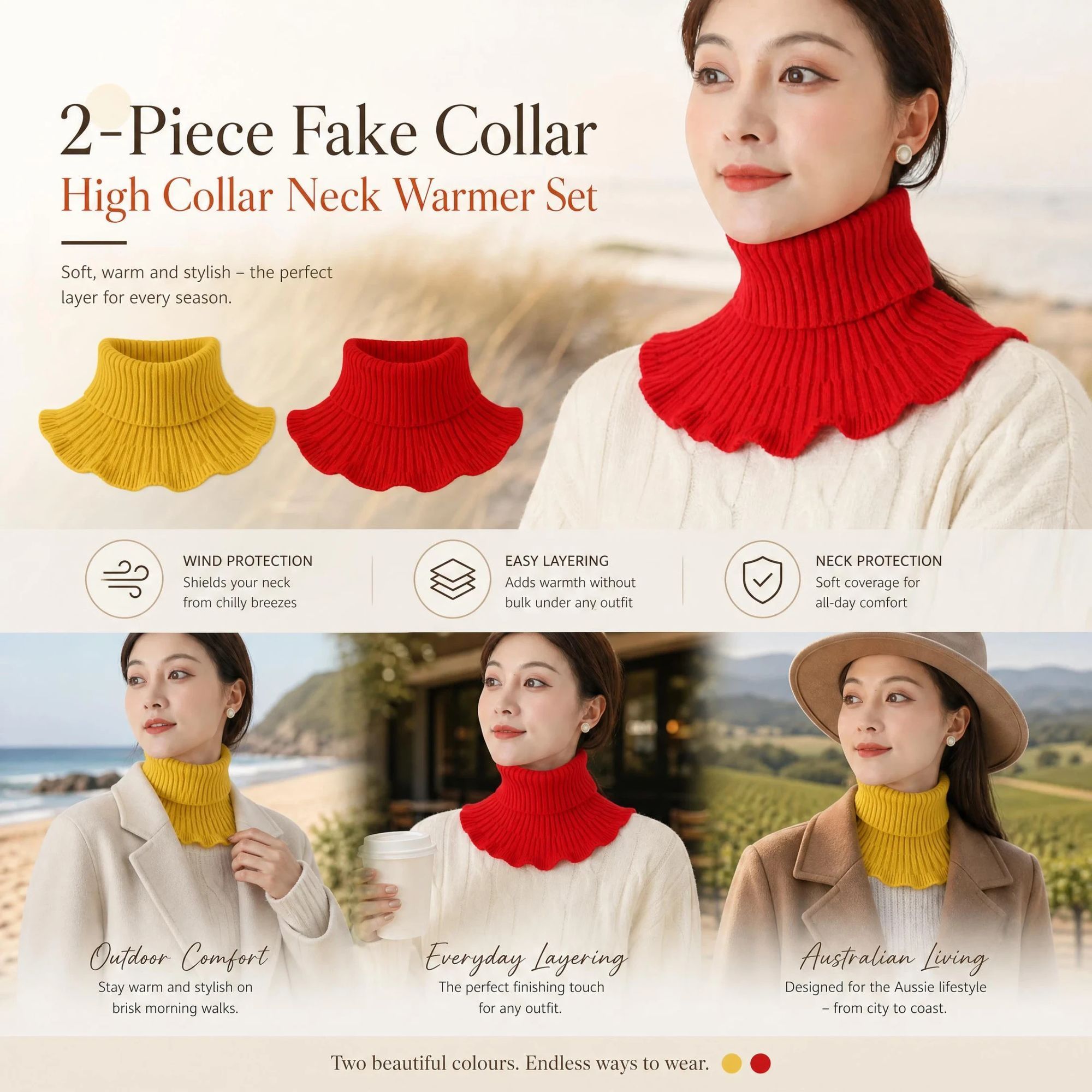 2-Pack two-tone thick knit neck protector Yellow & Bright Red, full wind coverage daily outfit snood - Image 1