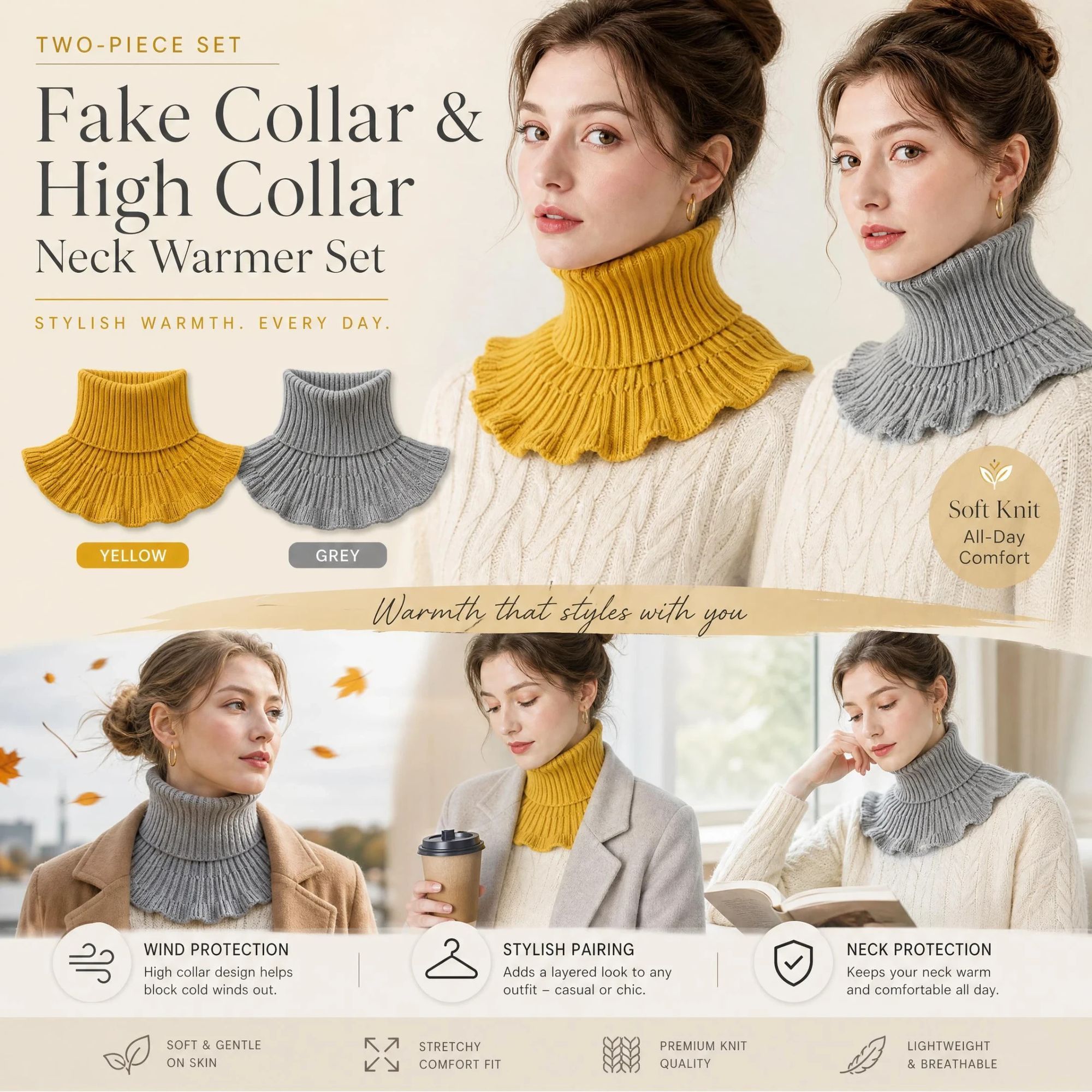 2-Pack Yellow & Grey thick knit mock collar warmers, neutral soft wind barrier dual styling combo - Image 1