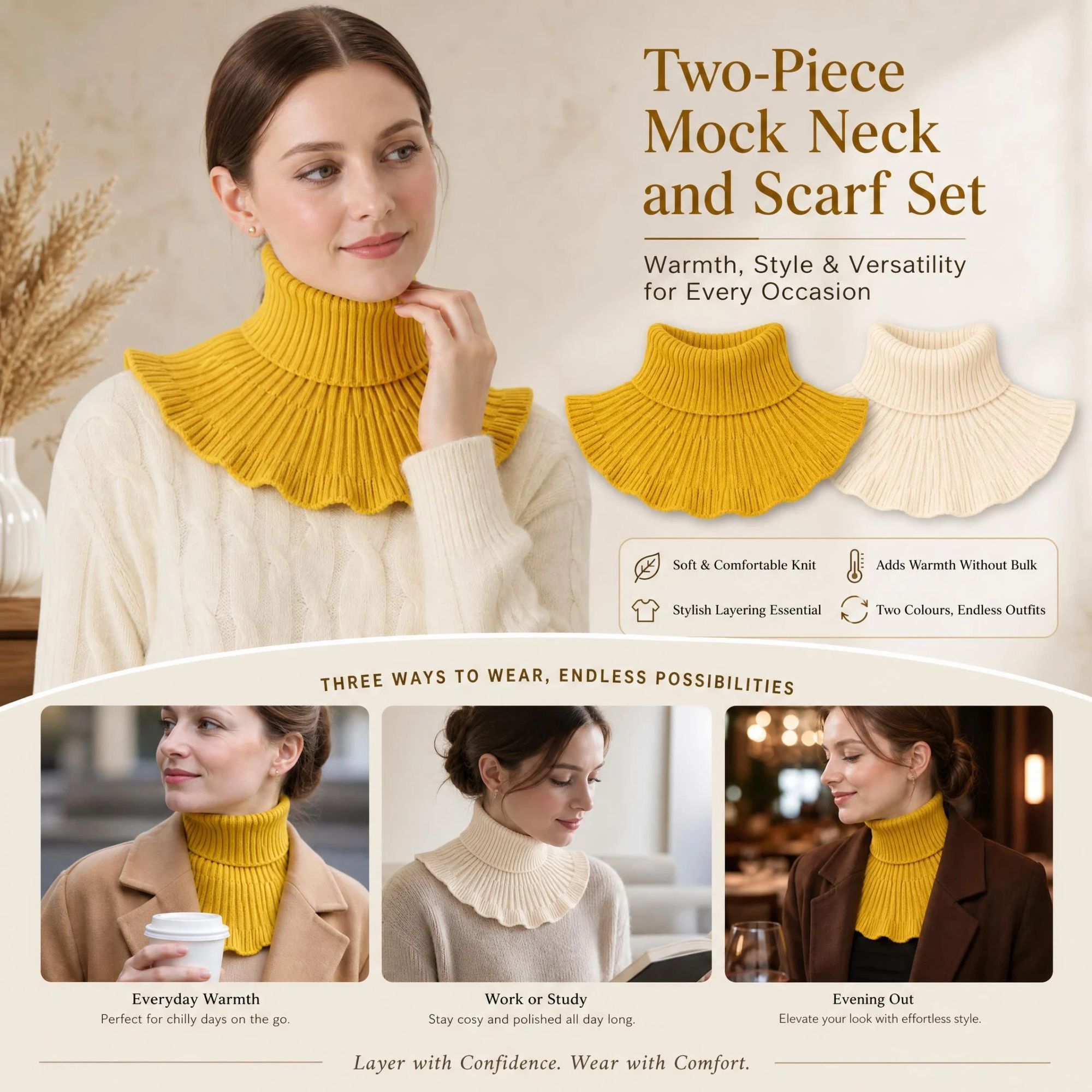 2-Pack thick knit neck tube twin set Yellow & Off White, gentle chill defence multi-outfit mock collar - Image 1