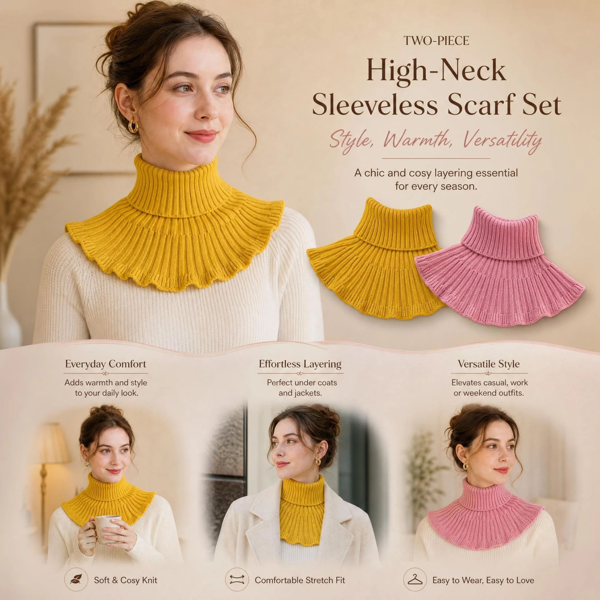 2-Pack Yellow & Pink thick knitted neck wrap combo, sweet two-tone wind shield layering snood - Image 1