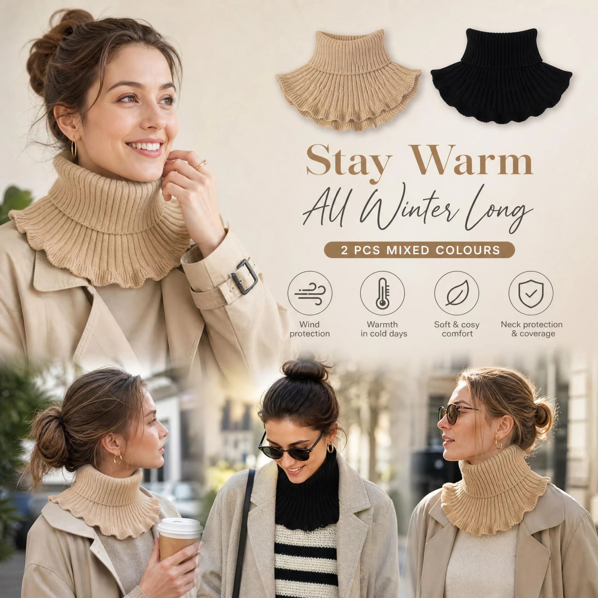 2-Pack Khaki & Black thick knit mock neck warmers, classic dual colour strong wind barrier twin kit - Image 1