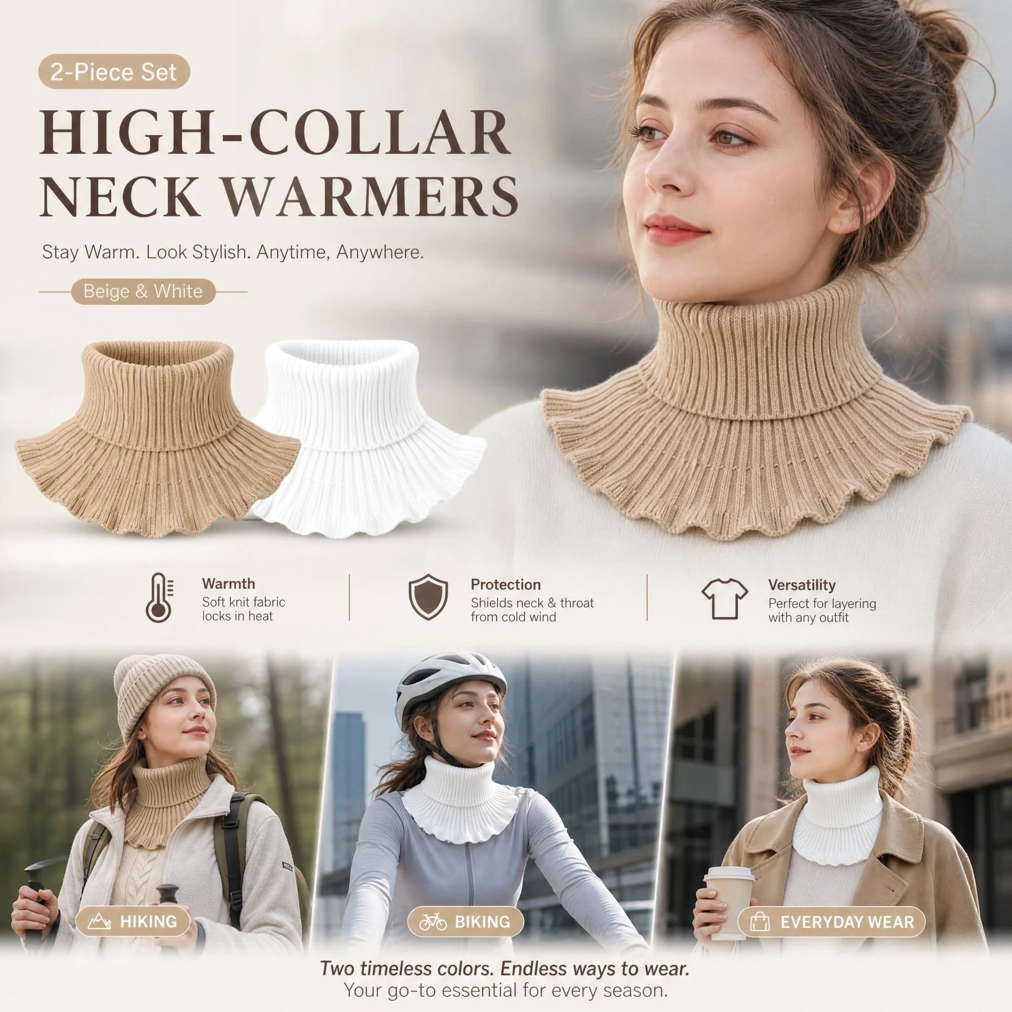 2-Pack Khaki & White thick thermal neck tube set, clean neutral chill blocking mock collar wrap - Image 1