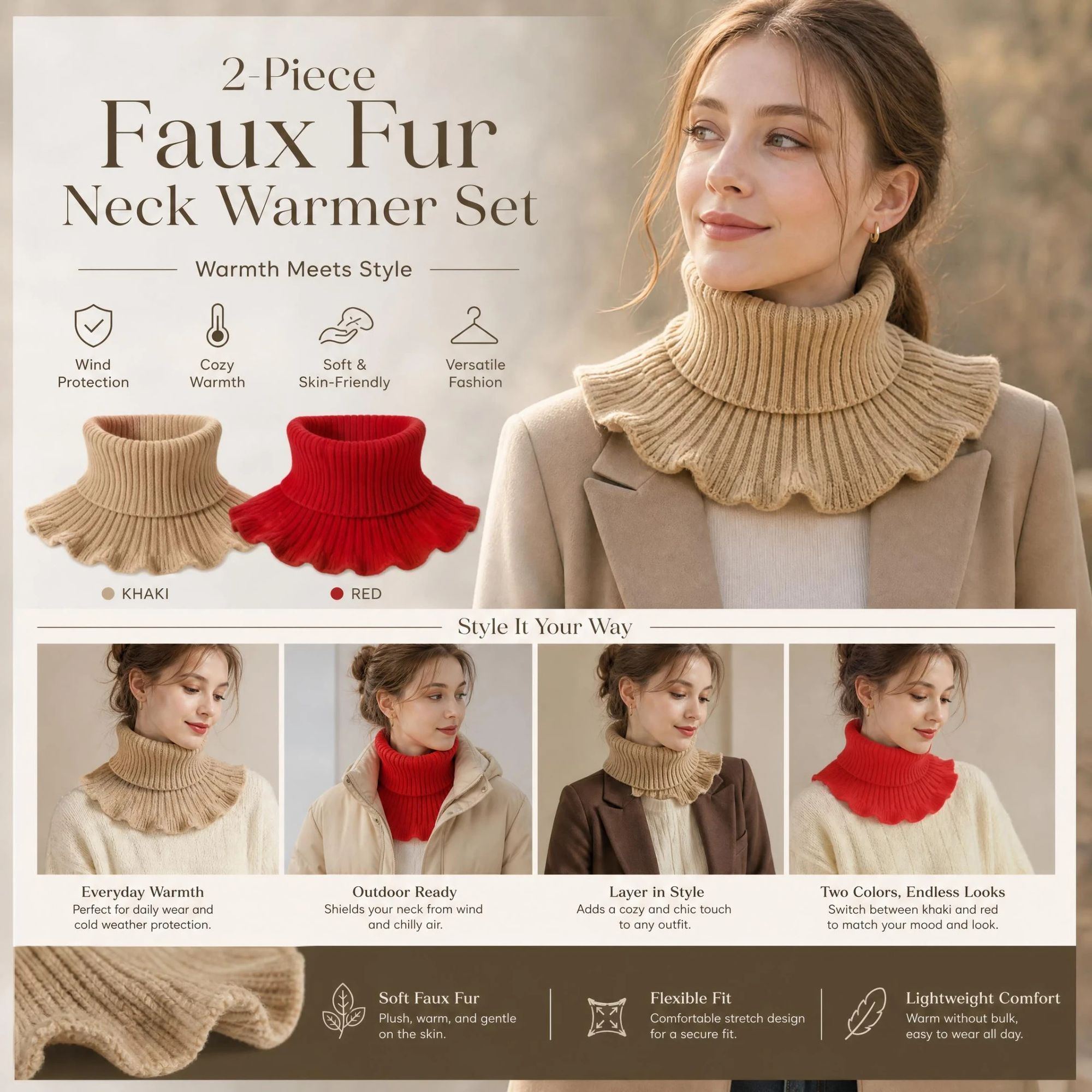 2-Pack Khaki & Bright Red thick knitted mock collar snood set, full wind coverage twin layering pack - Image 1