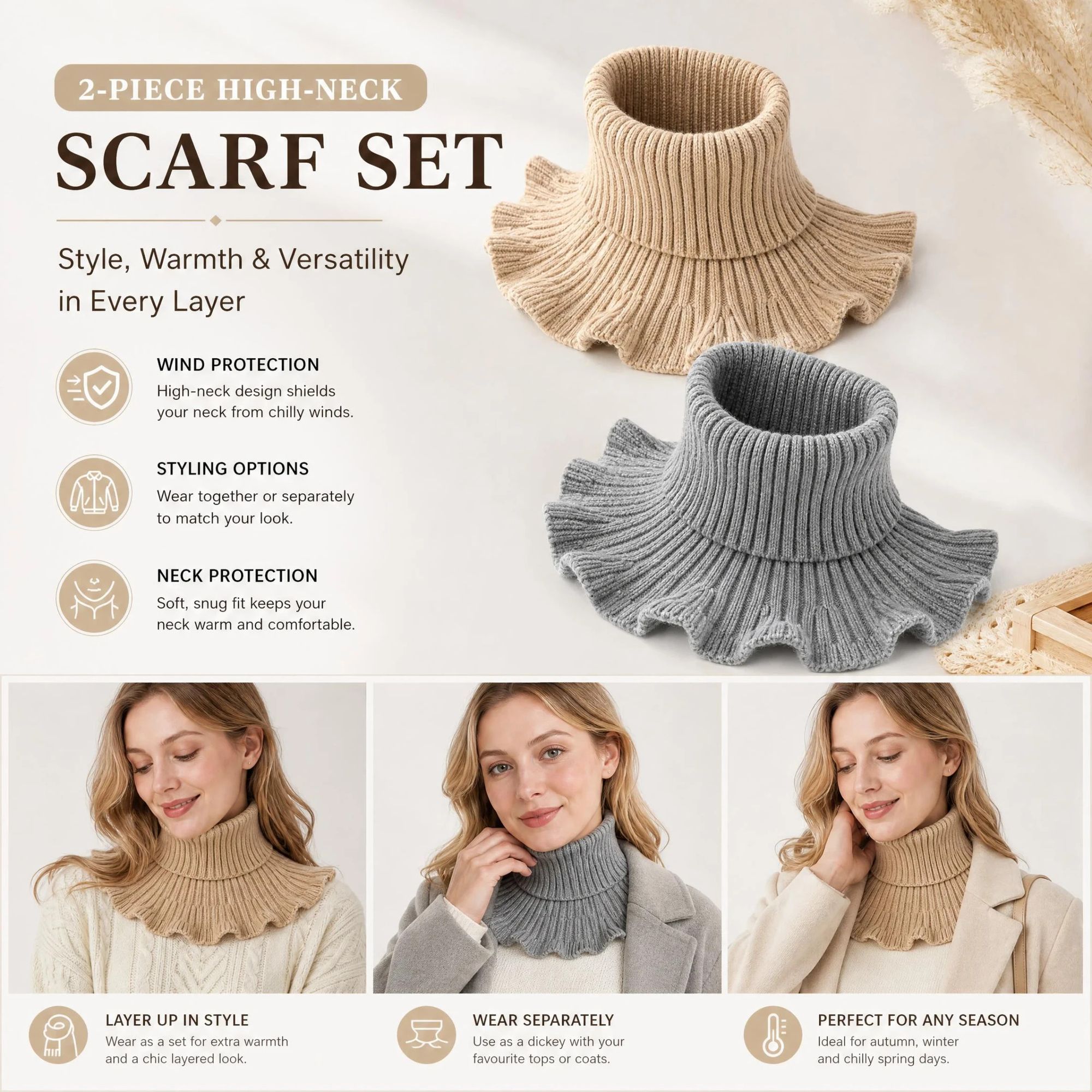 2-Pack Khaki & Grey thick mock high collar warmers, low-key neutral steady wind barrier two-piece kit - Image 1