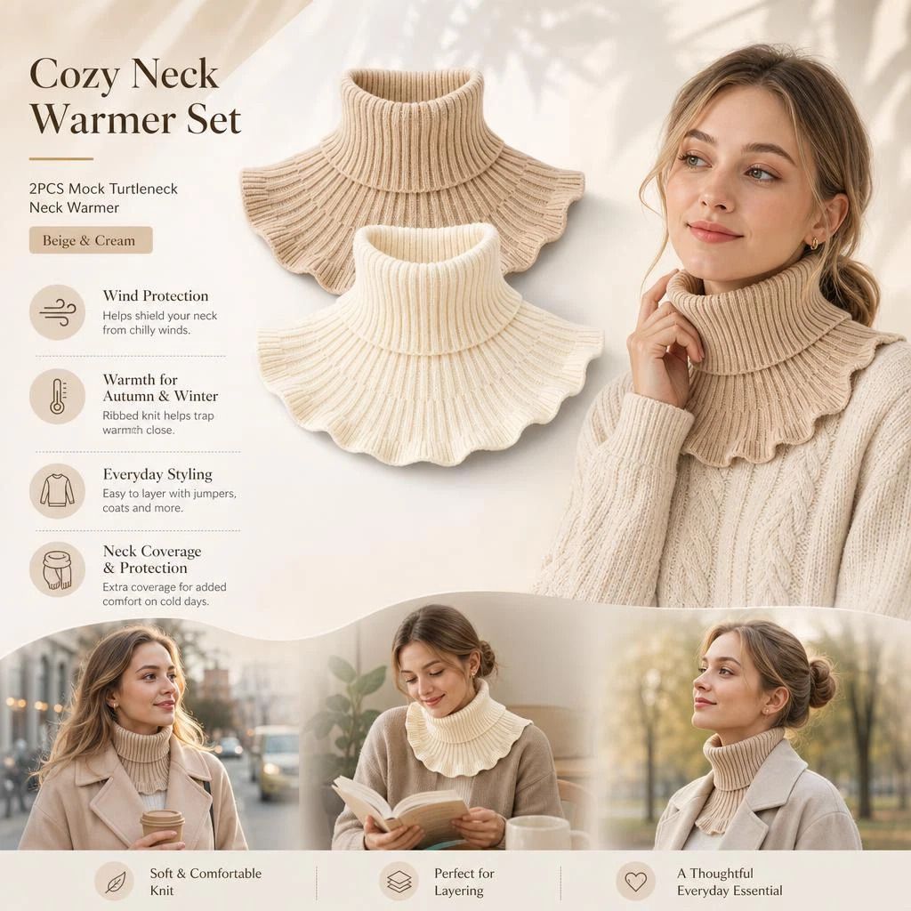 2-Pack Khaki & Off White thick knit snood combo, soft chill defence multi-outfit layering twin set - Image 1
