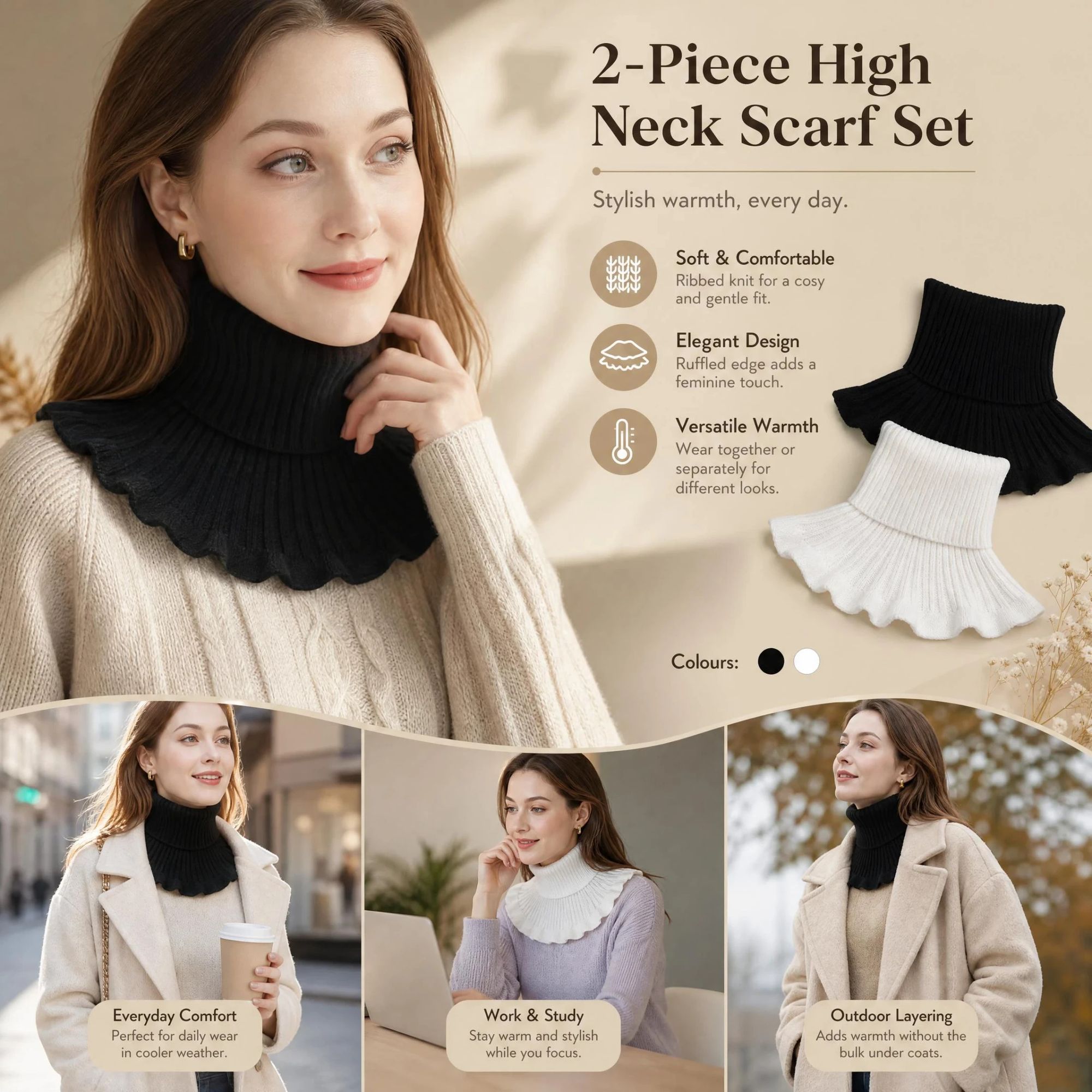 2-Pack Black & White thick knit mock collar warmers, classic all-outfit chill blocking dual neck tube - Image 1