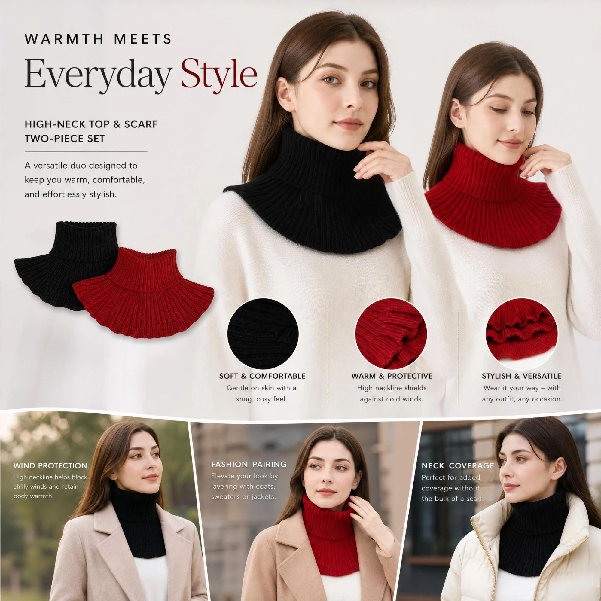2-Pack Black & Wine Red thick knitted neck tube set, minimalist solid wind resistance styling combo - Image 1