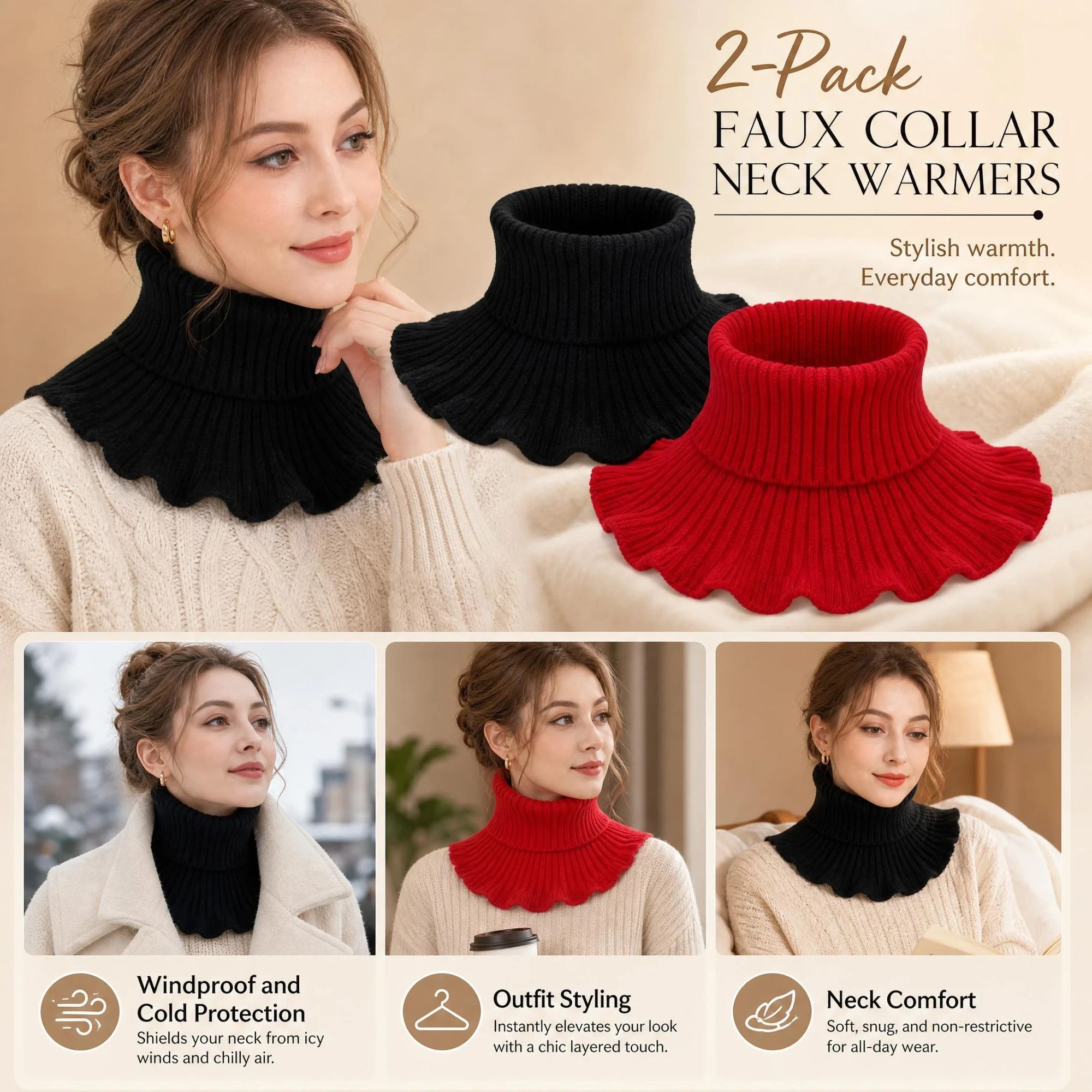 2-Pack Black & Bright Red thick neck protector combo, contrast tone full wind coverage mock collar - Image 1