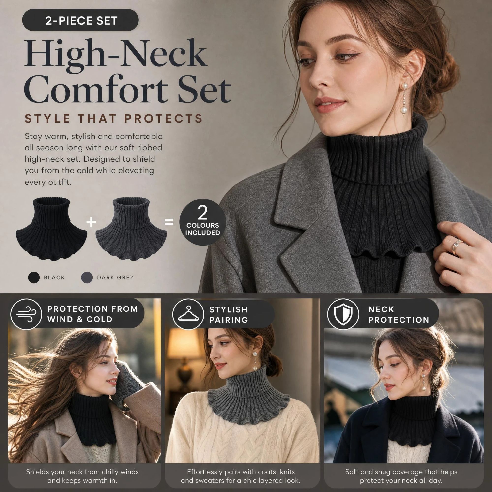 2-Pack Black & Grey thick mock high collar warmers, simple neutral steady wind barrier two-piece snood pack - Image 1