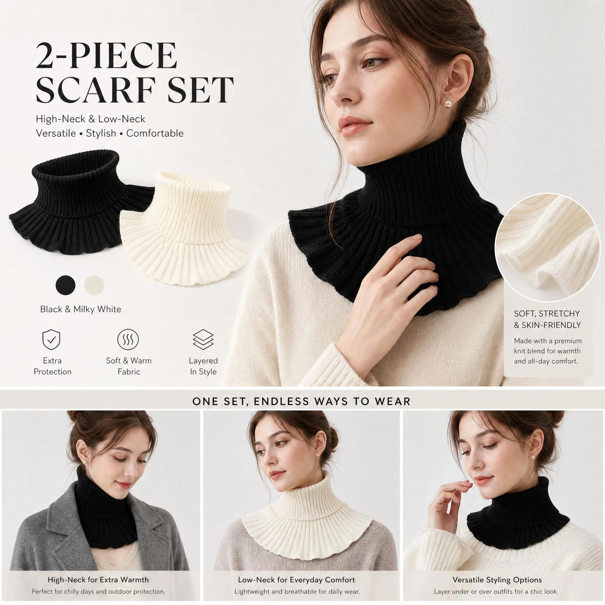 2-Pack Black & Off White thick thermal neck wrap set, gentle classic chill blocking dual collar twin pack - Image 1