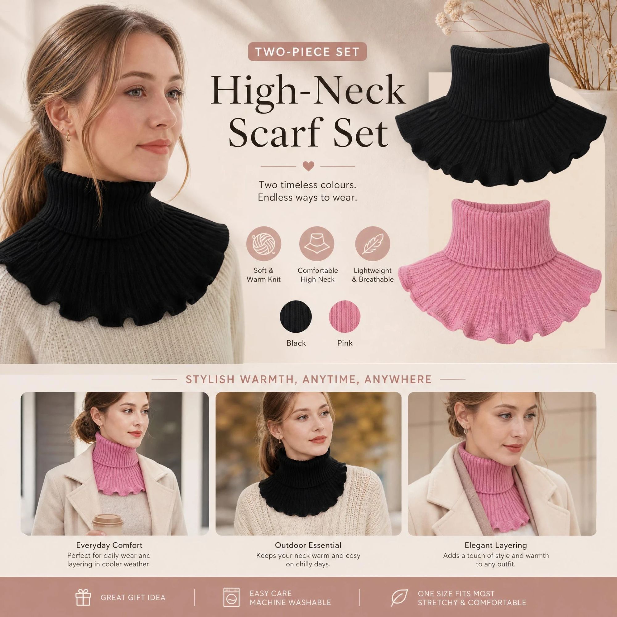 2-Pack Black & Pink thick knit snood combo, cool sweet contrast wind shield layering cover - Image 1