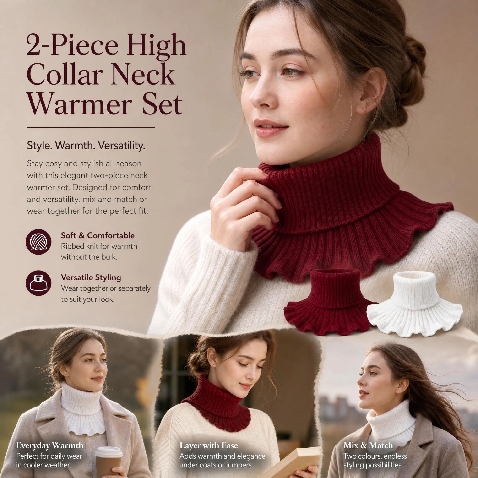 2-Pack White & Wine Red thick knitted mock neck warmers, soft elegant chill defence dual styling wrap set - Image 1