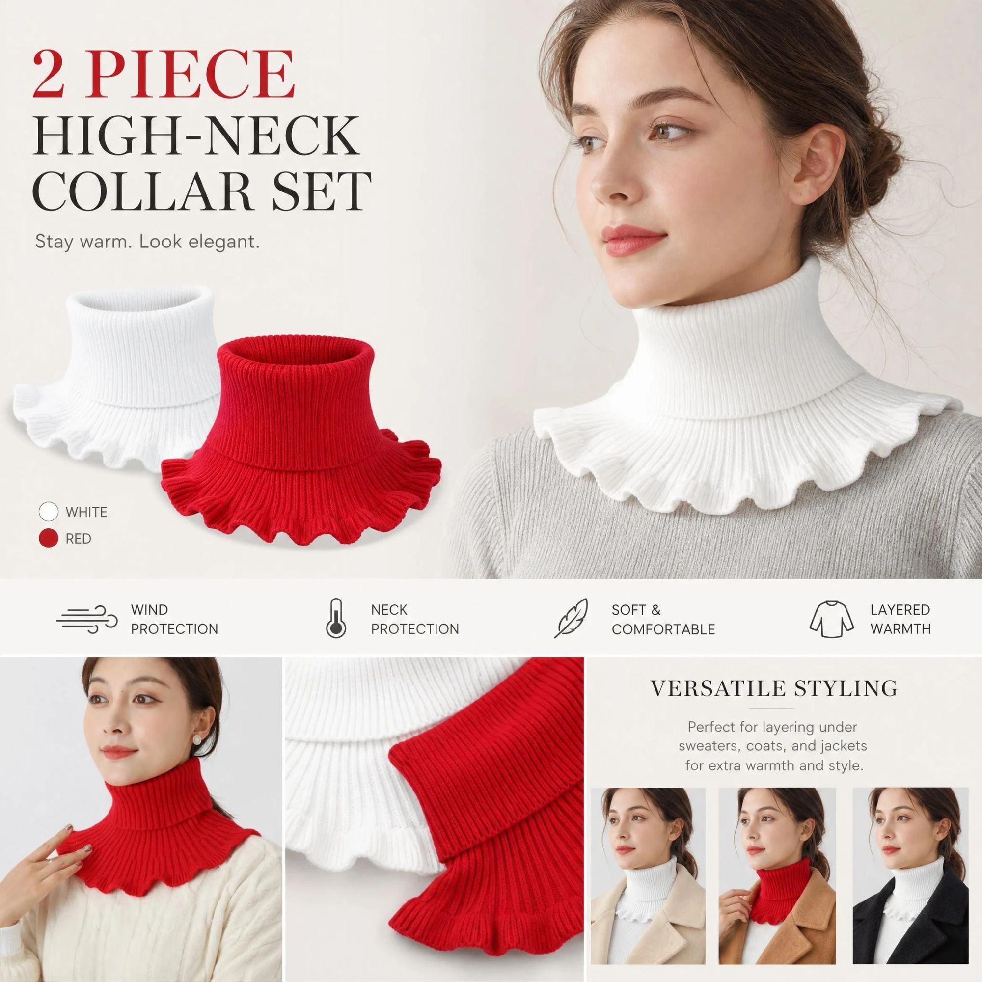 2-Pack White & Bright Red thick neck tube combo, clean full wind coverage mock high collar twin kit - Image 1