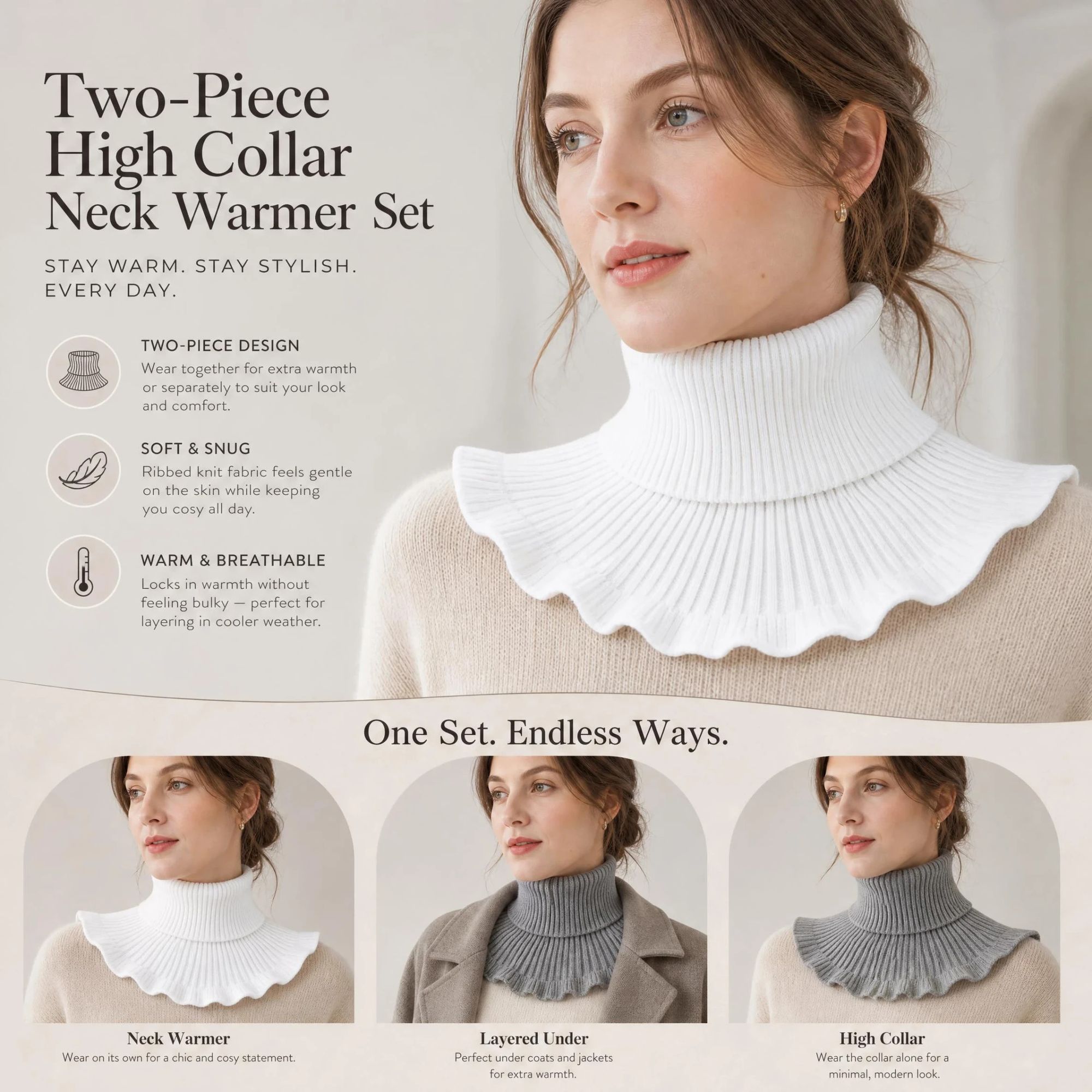2-Pack White & Grey thick thermal neck protector set, neutral fresh chill blocking versatile snood - Image 1