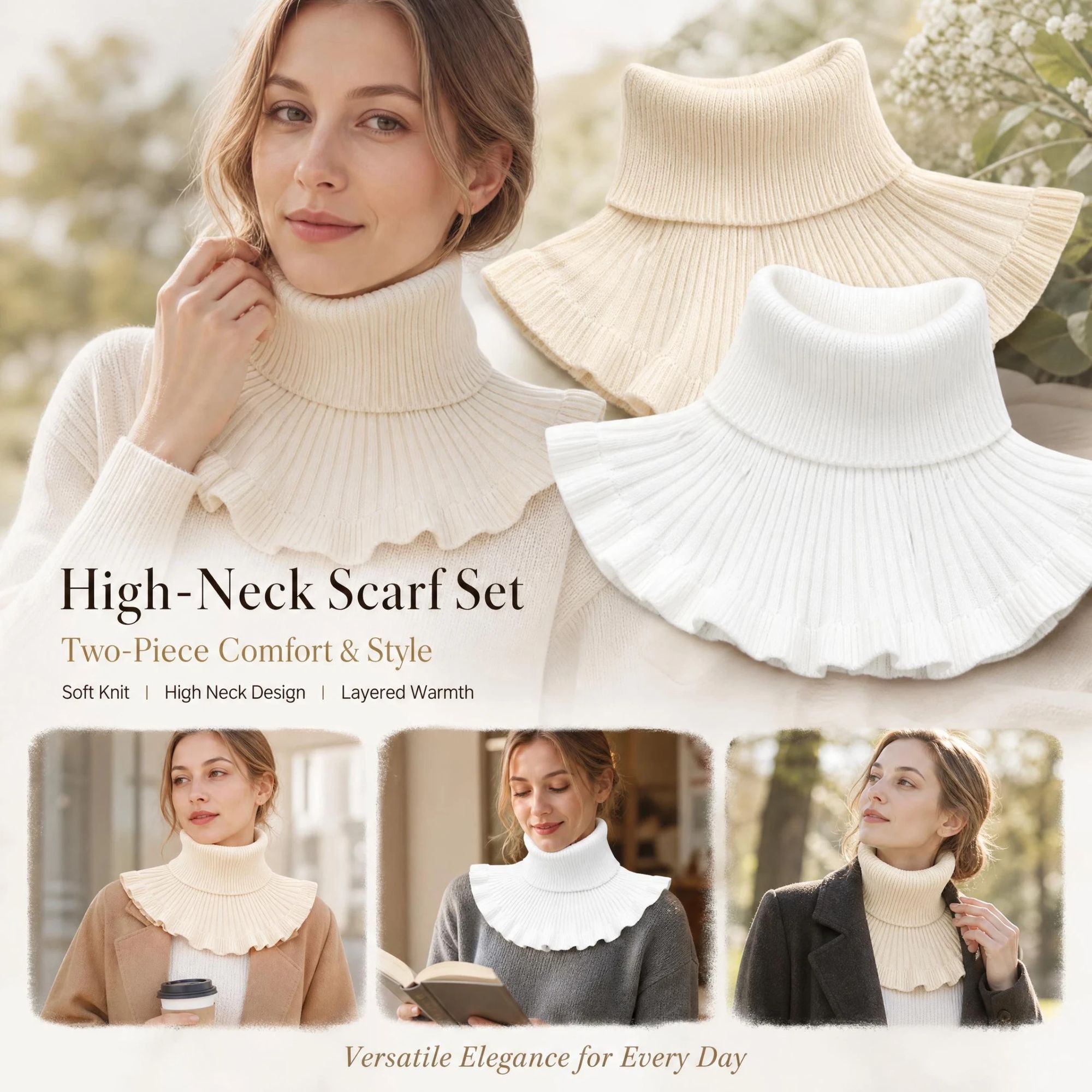2-Pack White & Off White thick knit neck wrap two-piece pack, soft monochrome wind shield layering cover - Image 1