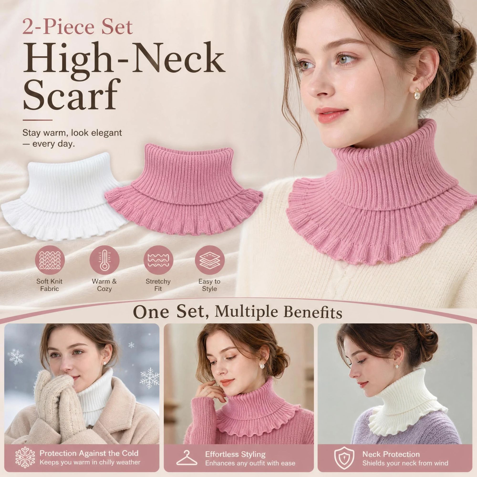 2-Pack White & Pink thick mock neck warmers, sweet clean dual tone chill blocking neck tube - Image 1