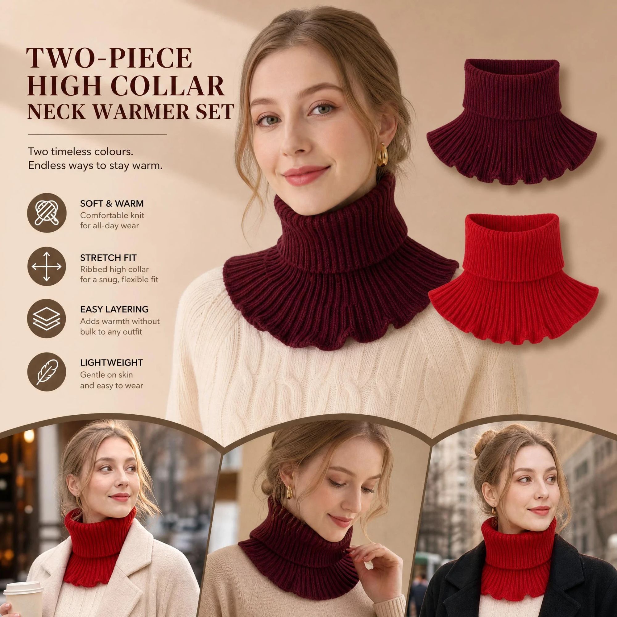 2-Pack Wine Red & Bright Red thick knitted snood combo, double rich tone full wind coverage twin styling set - Image 1