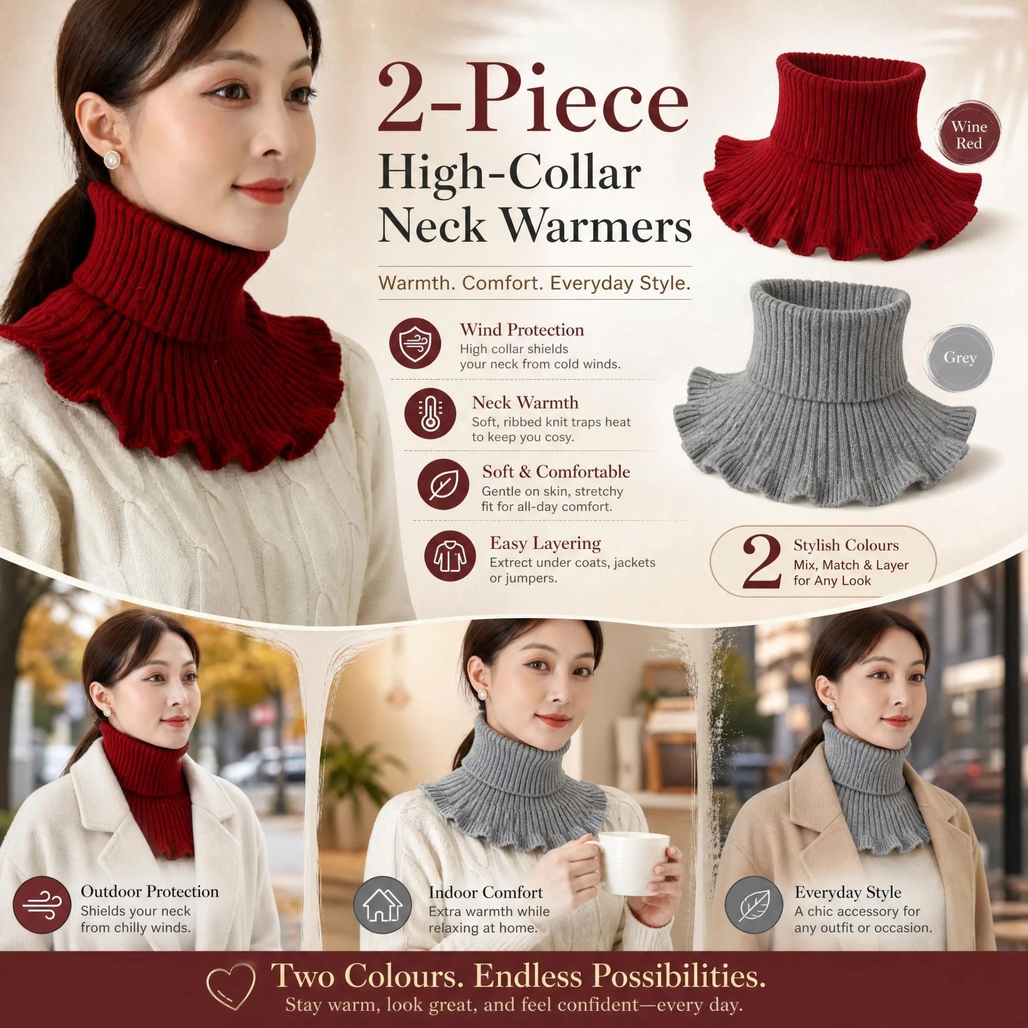 2-Pack Wine Red & Grey thick thermal neck tube set, timeless neutral wind resistant mock collar protector - Image 1