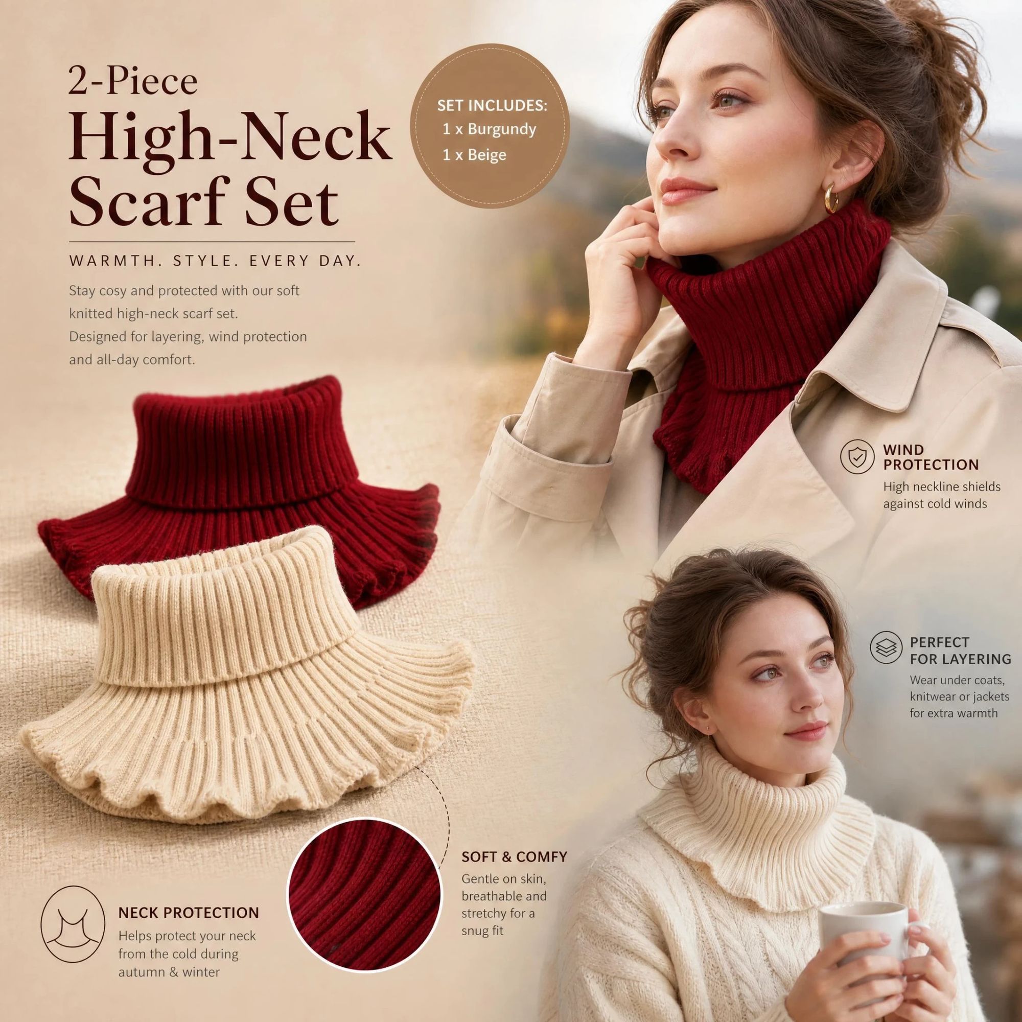 2-Pack Wine Red & Off White thick knit neck protector twin pack, gentle elegant chill defence dual neck cover - Image 1